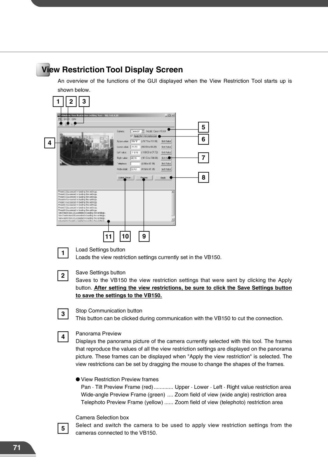 Canon appendix View Restriction Tool Display Screen, To save the settings to the VB150 