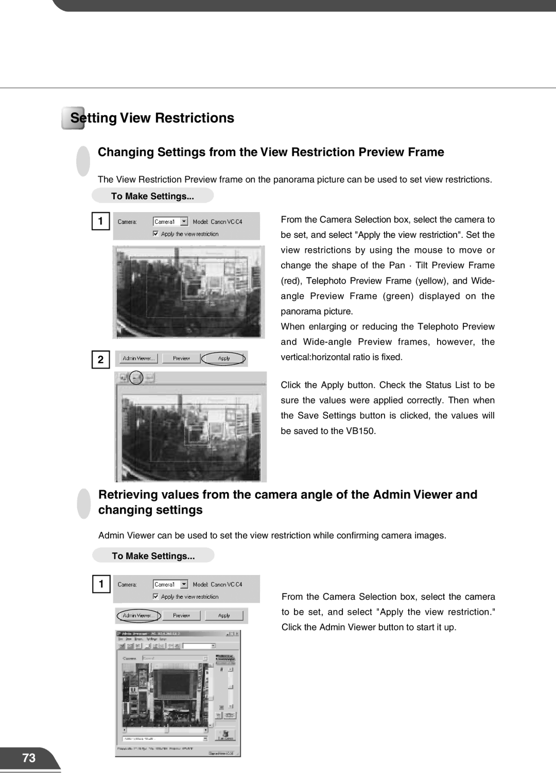 Canon VB150 appendix Setting View Restrictions, Changing Settings from the View Restriction Preview Frame, To Make Settings 