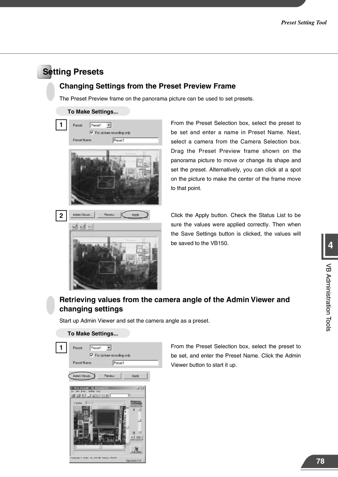 Canon VB150 appendix Setting Presets, Changing Settings from the Preset Preview Frame 