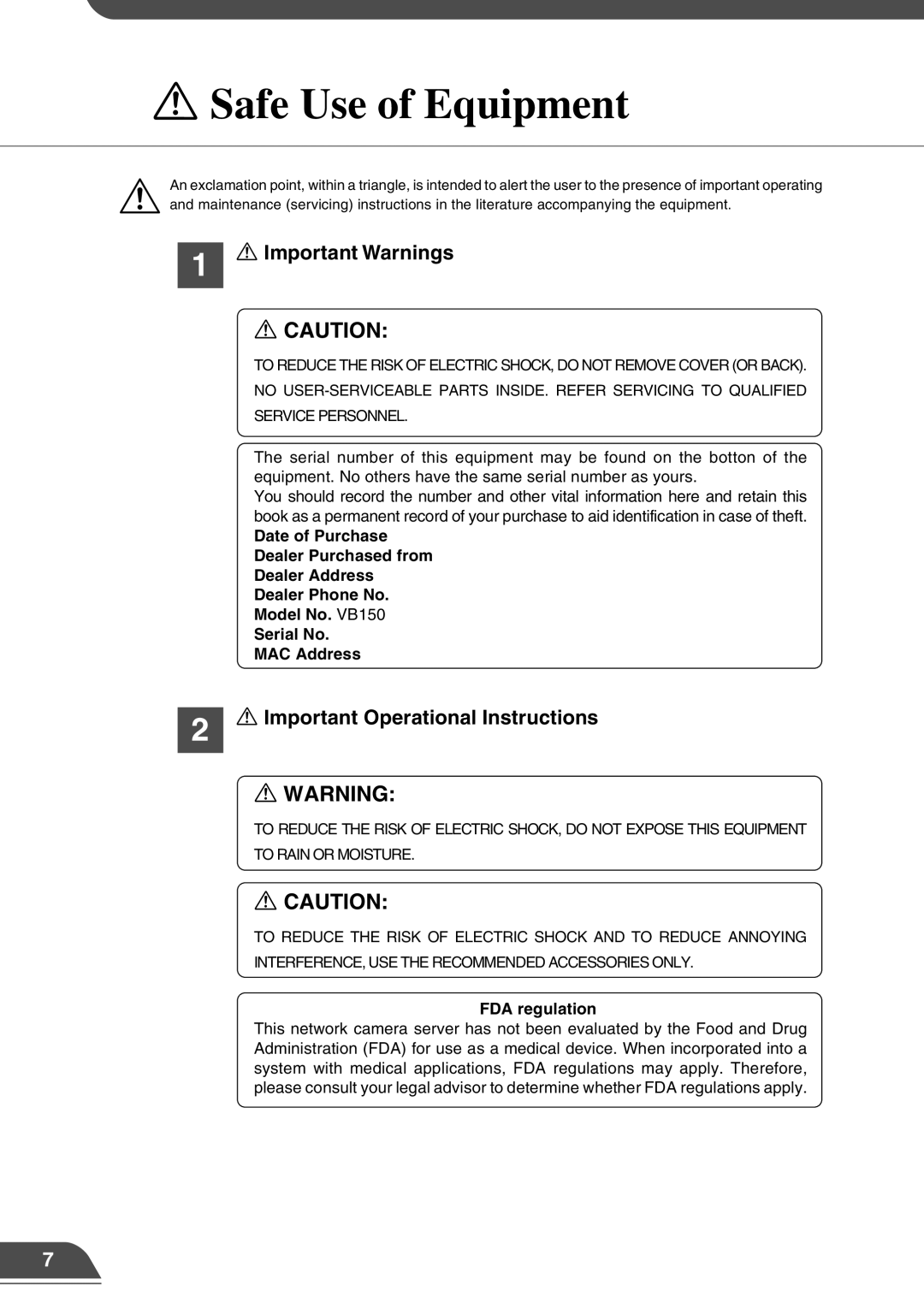 Canon VB150 appendix Safe Use of Equipment, Important Warnings, Important Operational Instructions 