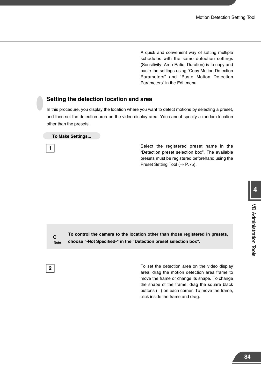 Canon VB150 appendix Setting the detection location and area, Choose -Not Specified- in the Detection preset selection box 