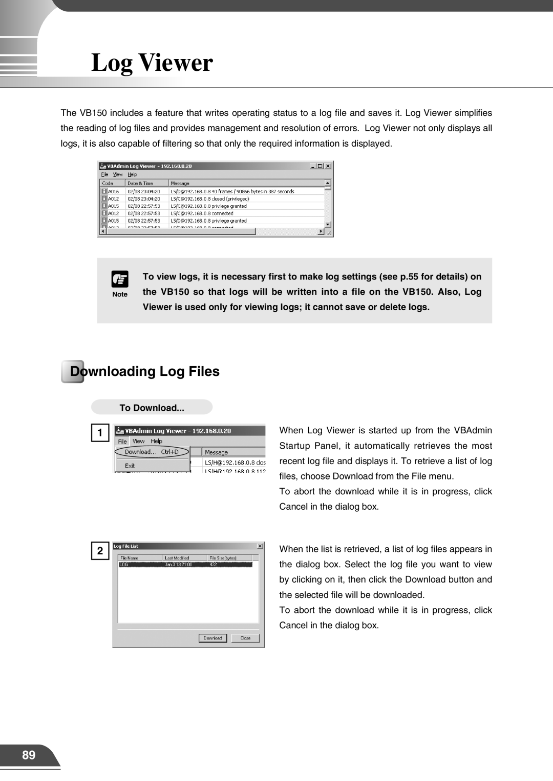 Canon VB150 appendix Log Viewer, Downloading Log Files, To Download 