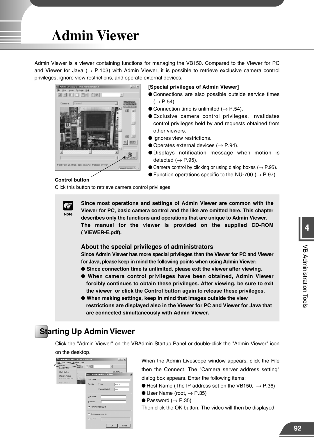 Canon VB150 appendix Starting Up Admin Viewer, About the special privileges of administrators 