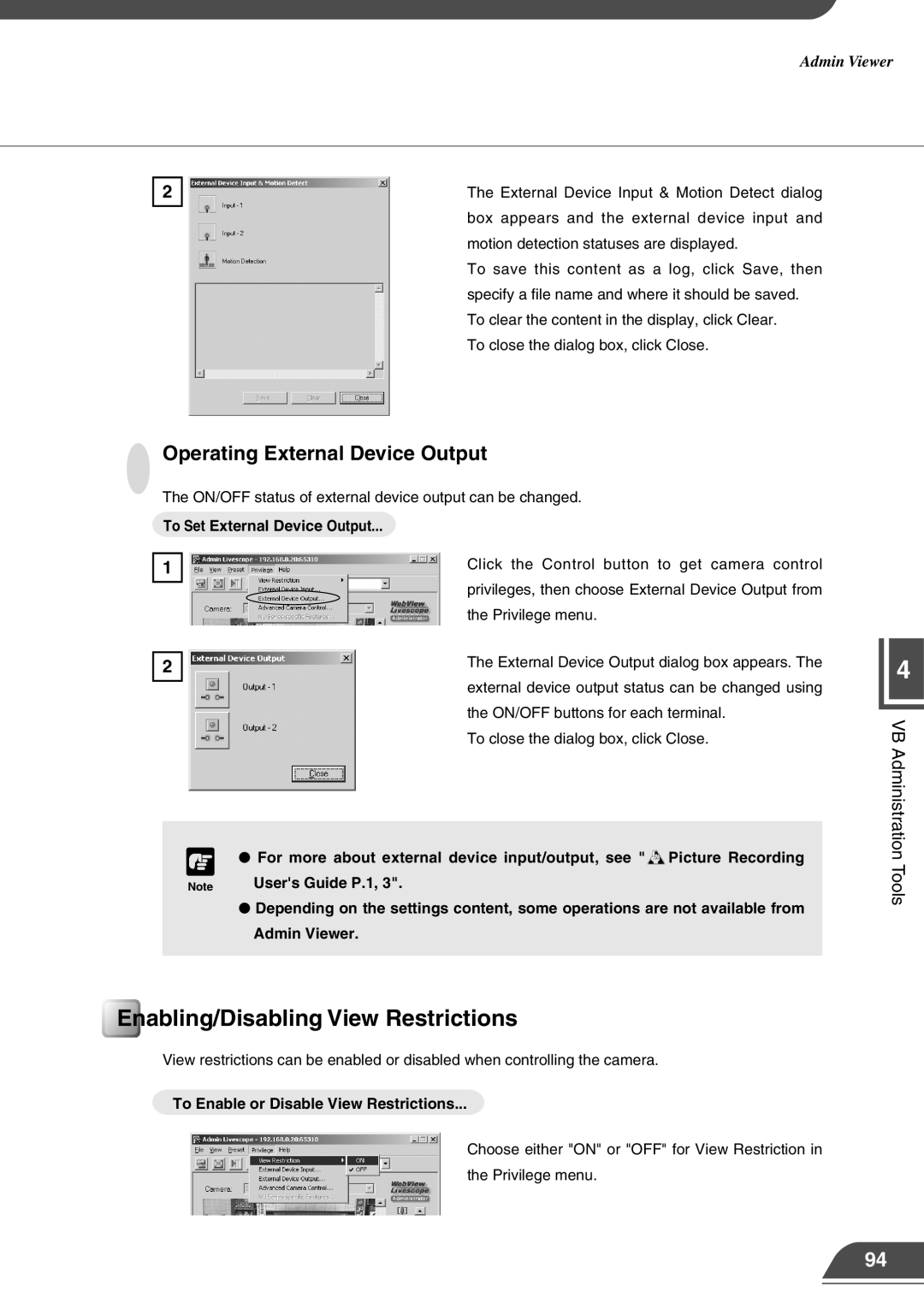 Canon VB150 appendix Enabling/Disabling View Restrictions, Operating External Device Output, To Set External Device Output 