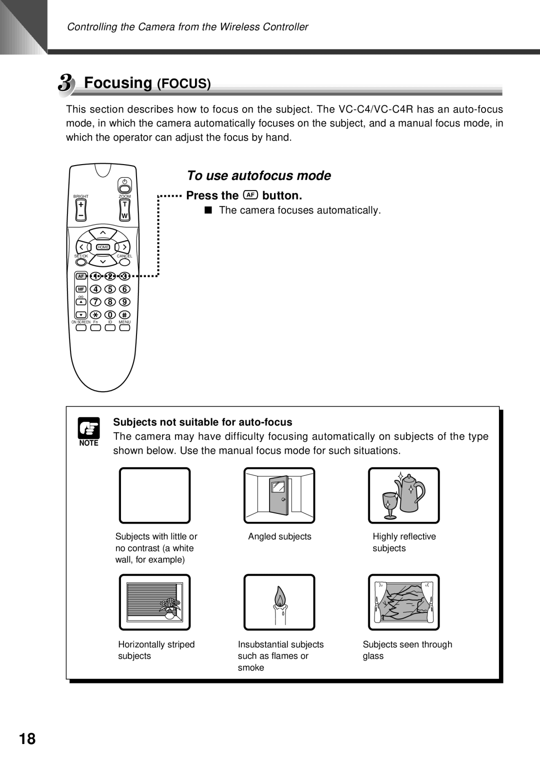 Canon VC-C4R instruction manual Focusing Focus, To use autofocus mode, Press the a button 