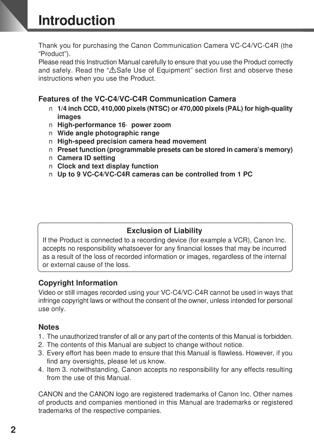 Canon Introduction, Features of the VC-C4/VC-C4R Communication Camera, Exclusion of Liability, Copyright Information 