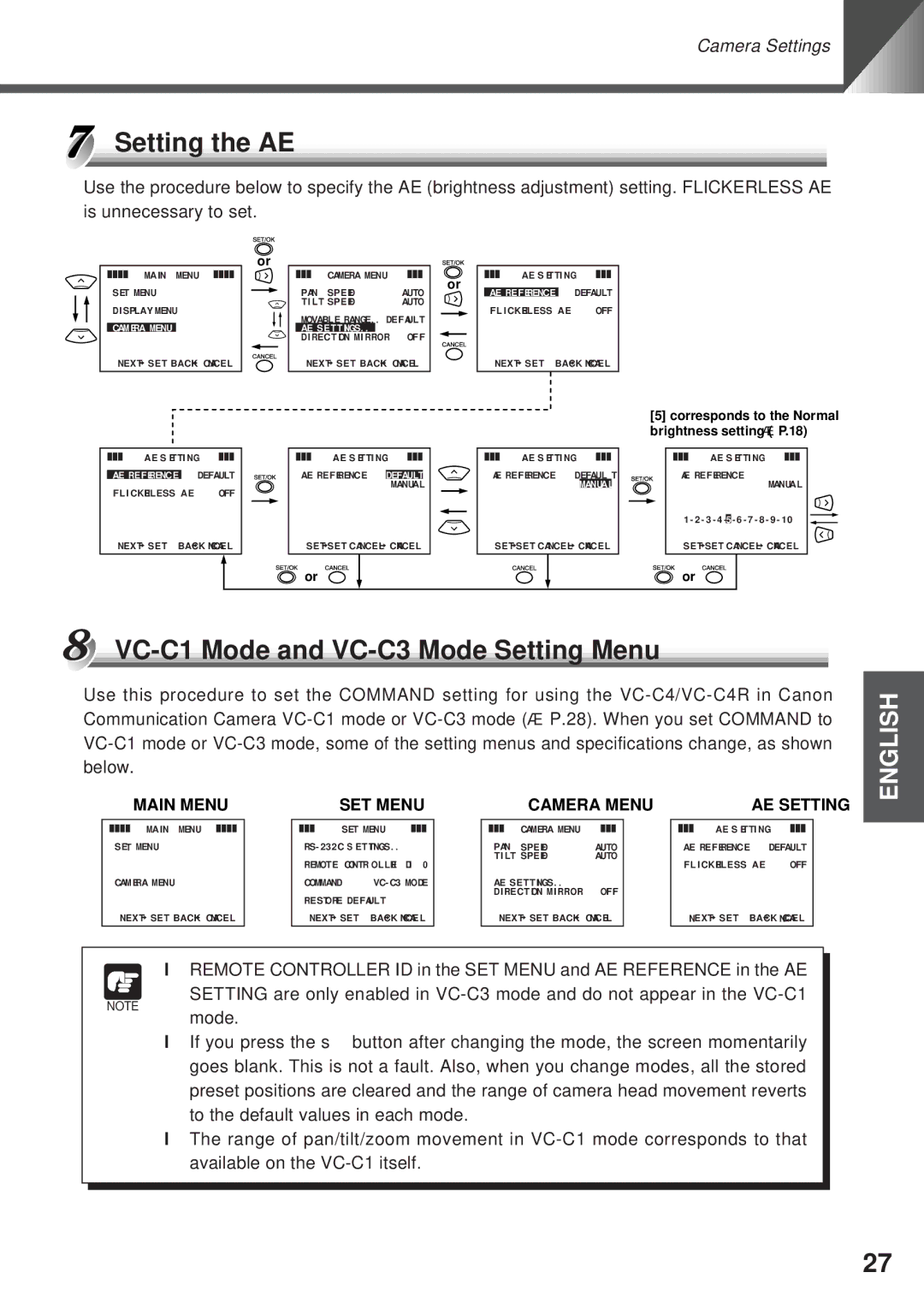 Canon VC-C4R instruction manual Setting the AE, VC-C1 Mode and VC-C3 Mode Setting Menu 