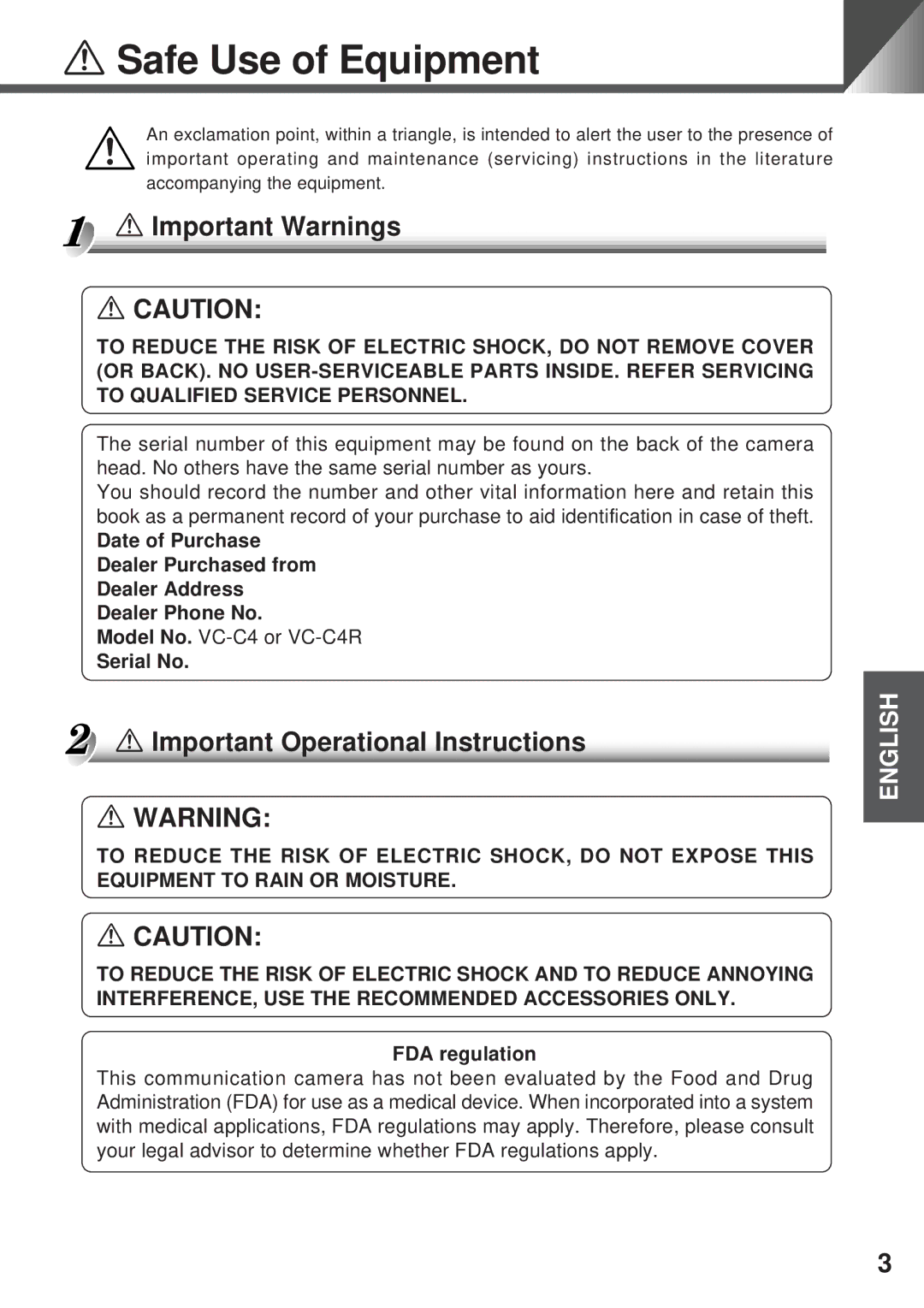 Canon VC-C4R Safe Use of Equipment, Important Warnings, Important Operational Instructions, Serial No, FDA regulation 