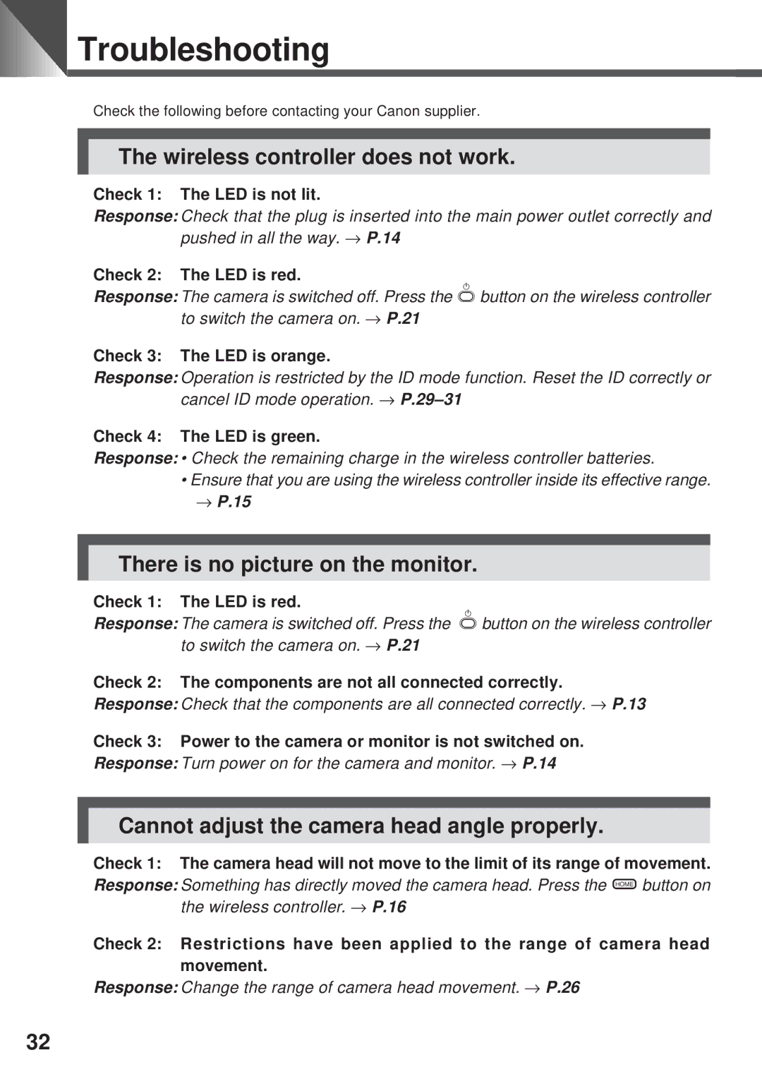 Canon VC-C4R instruction manual Troubleshooting, Wireless controller does not work, There is no picture on the monitor 