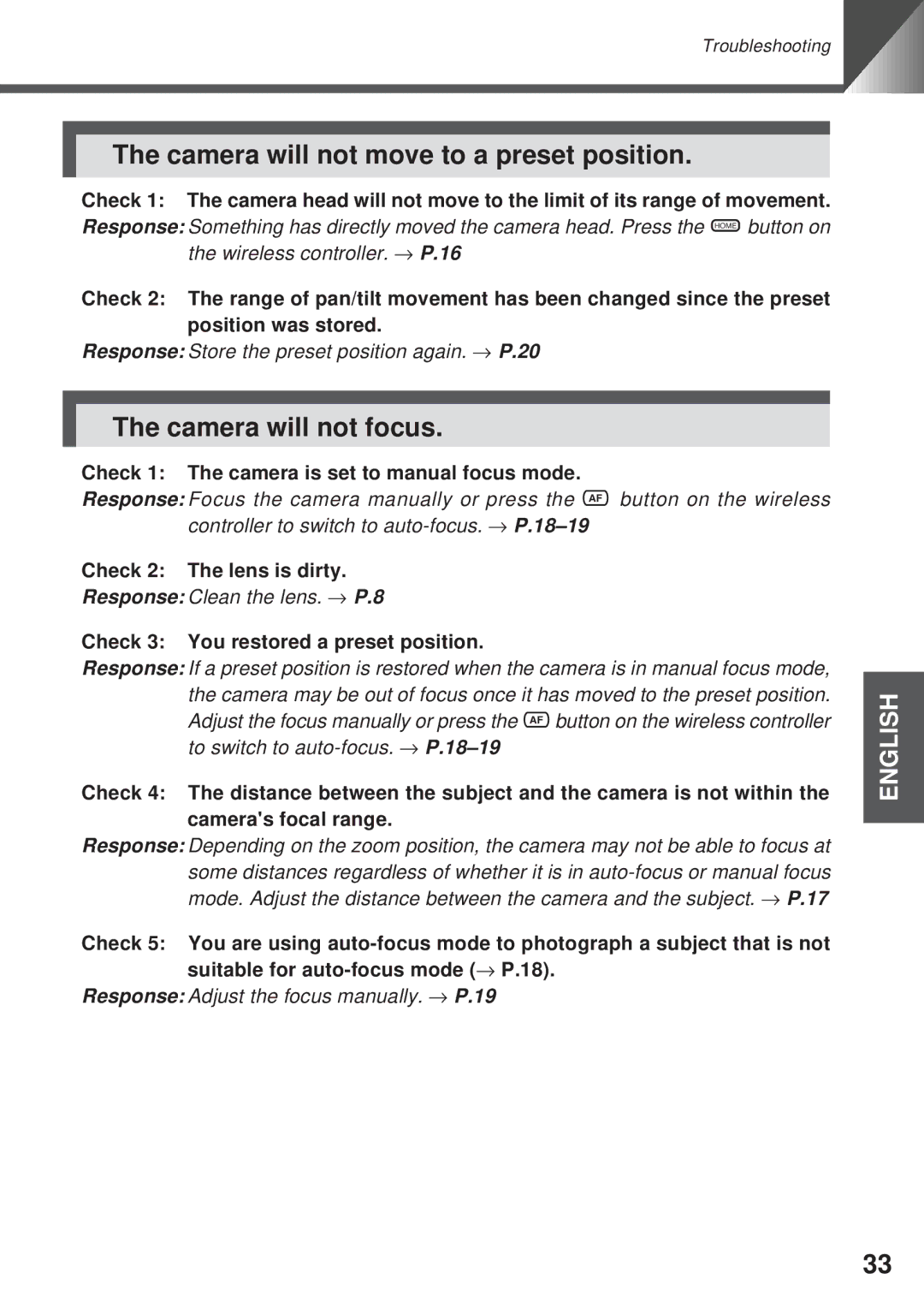 Canon VC-C4R instruction manual Camera will not move to a preset position, Camera will not focus, Check 2 The lens is dirty 