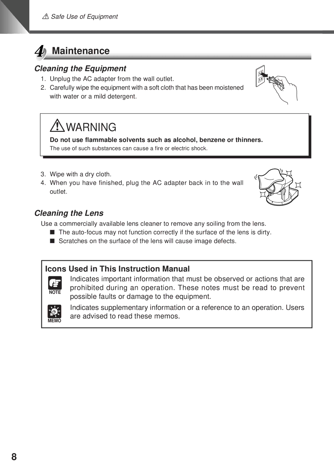 Canon VC-C4R instruction manual Maintenance, Cleaning the Equipment, Cleaning the Lens 