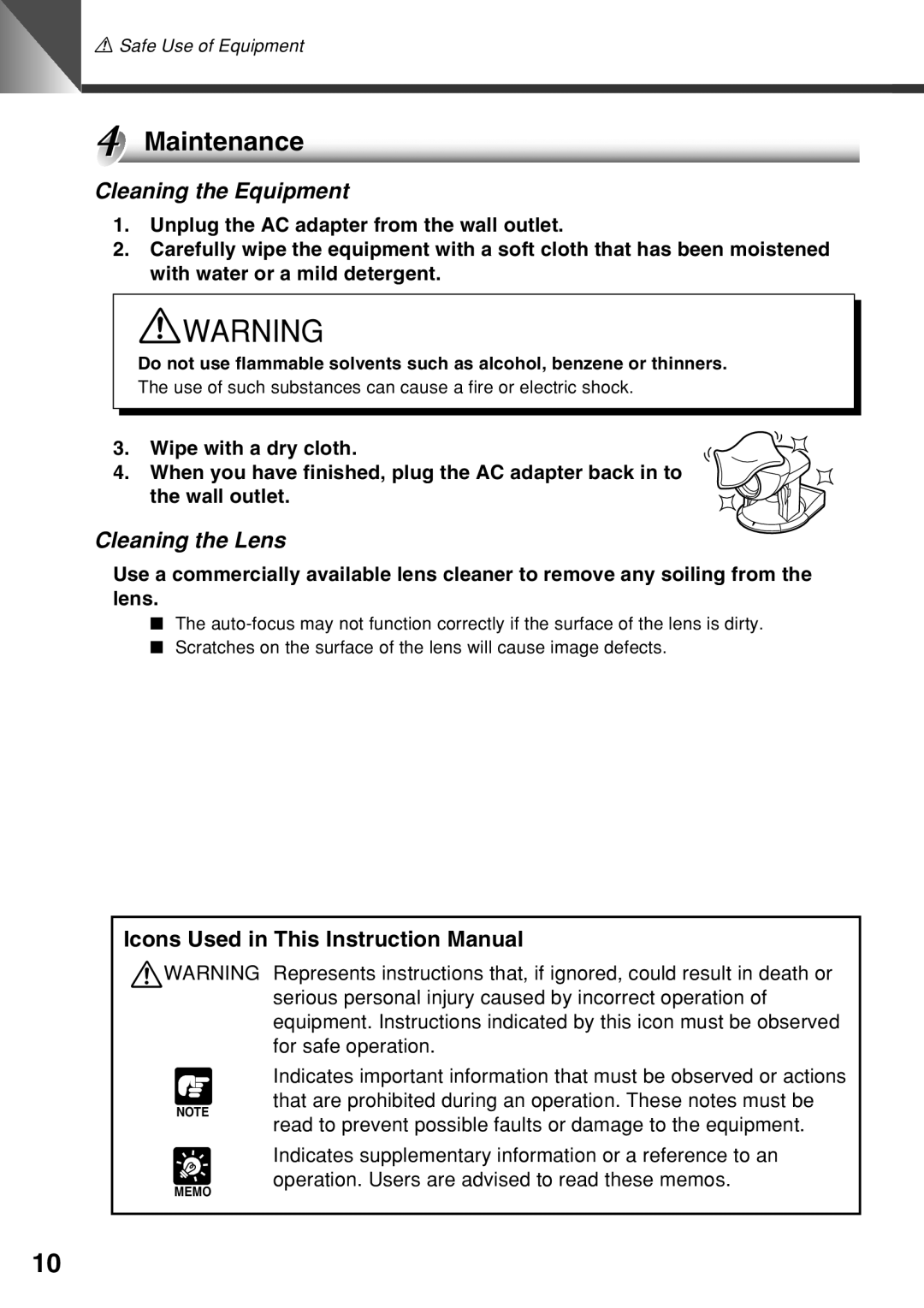 Canon VC-C50i instruction manual Maintenance, Cleaning the Equipment, Cleaning the Lens 