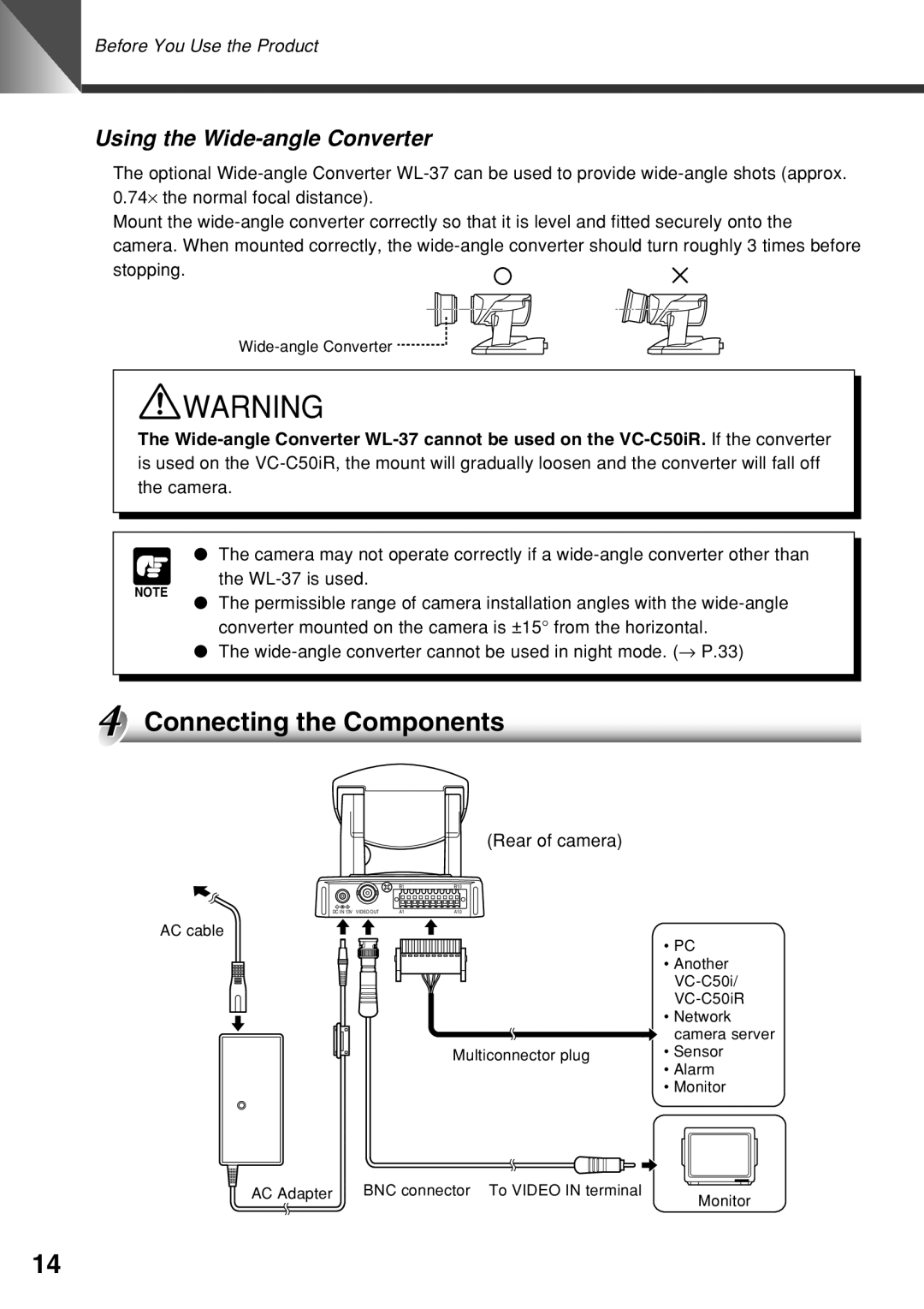 Canon VC-C50i instruction manual Connecting the Components, Using the Wide-angle Converter 