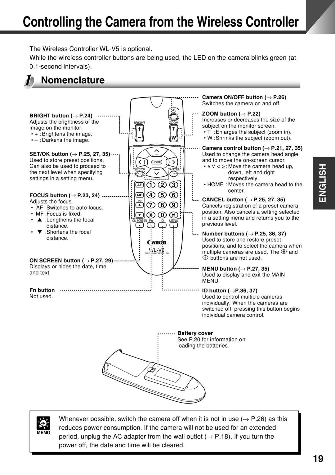 Canon VC-C50i instruction manual Controlling the Camera from the Wireless Controller 