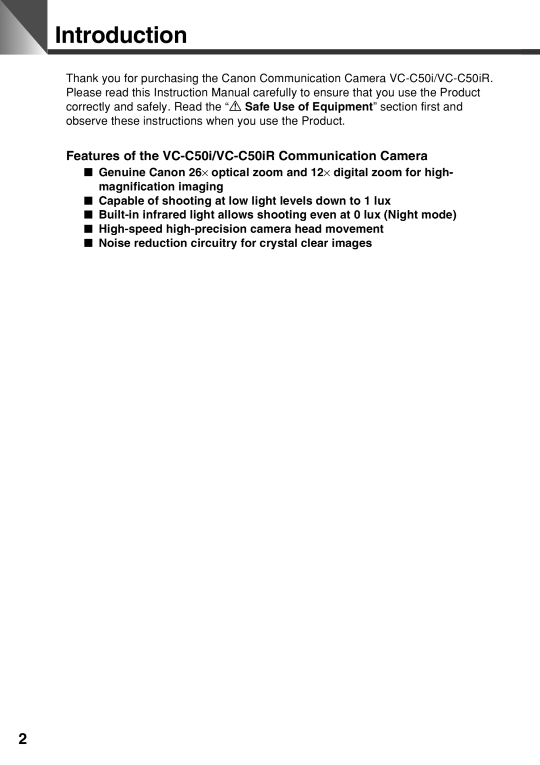 Canon instruction manual Introduction, Features of the VC-C50i/VC-C50iR Communication Camera 