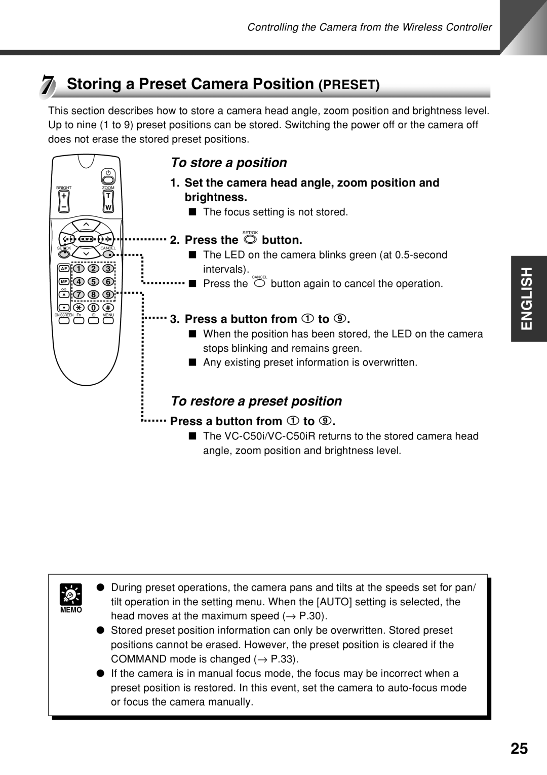 Canon VC-C50i instruction manual Storing a Preset Camera Position Preset, To store a position, To restore a preset position 