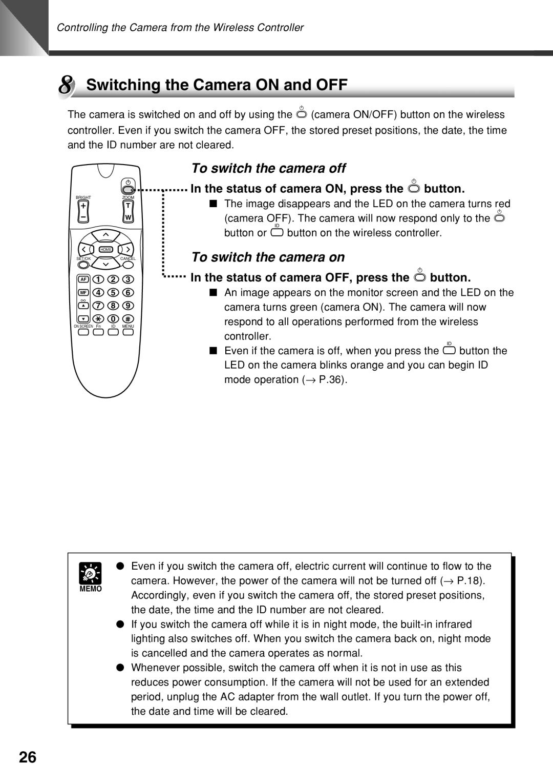 Canon VC-C50i instruction manual Switching the Camera on and OFF, To switch the camera off, To switch the camera on 