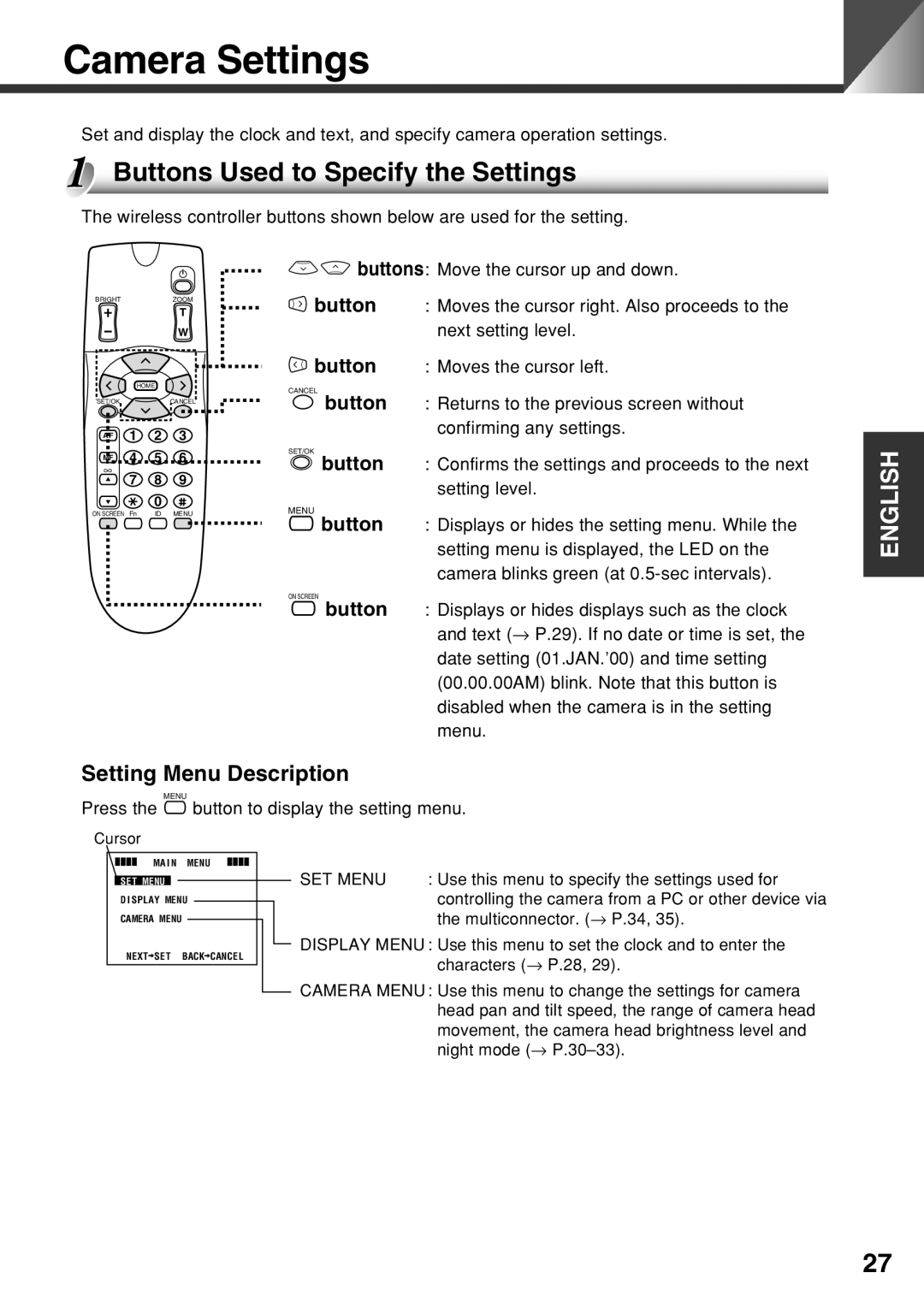 Canon VC-C50i instruction manual Camera Settings, Buttons Used to Specify the Settings 