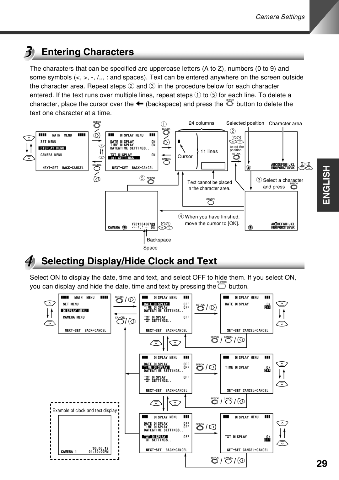 Canon VC-C50i instruction manual Entering Characters, Columns Selected position Character area 