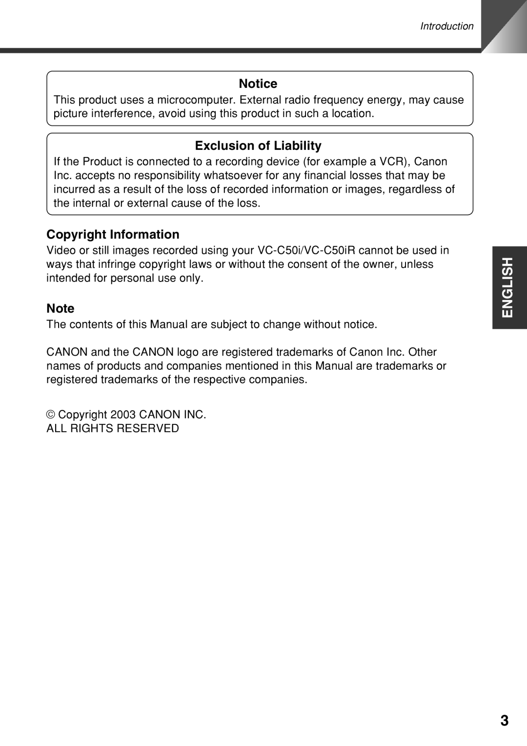 Canon VC-C50i instruction manual Exclusion of Liability 