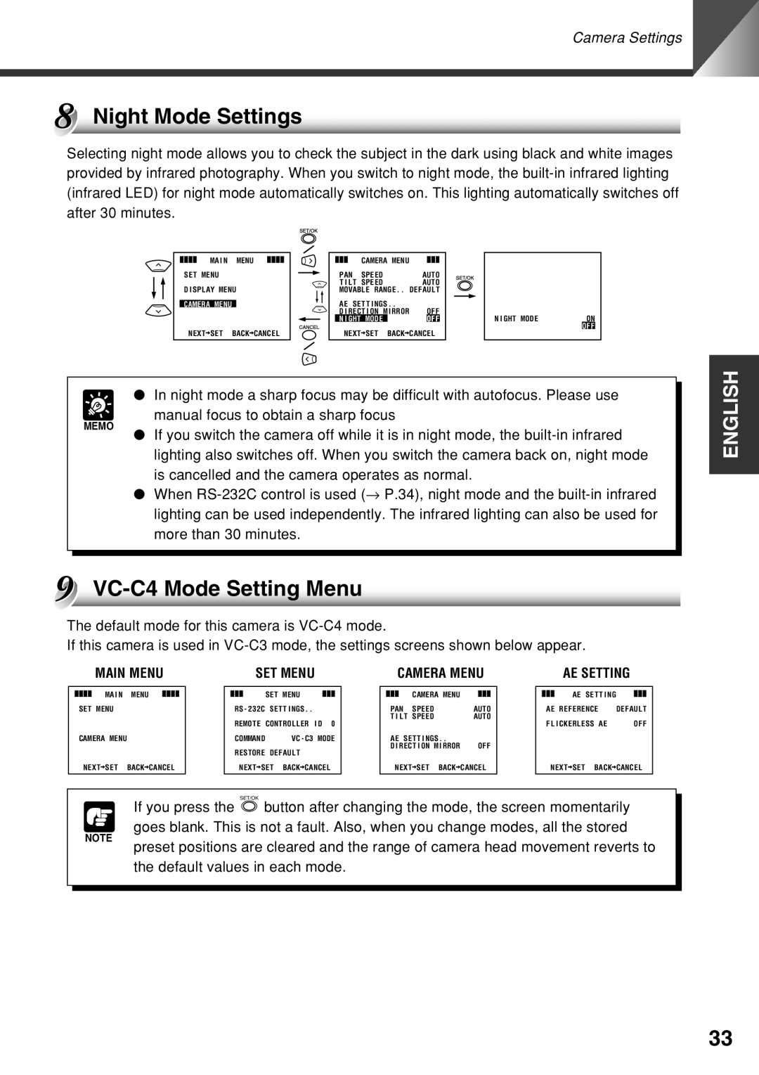 Canon VC-C50i instruction manual Night Mode Settings, VC-C4 Mode Setting Menu 