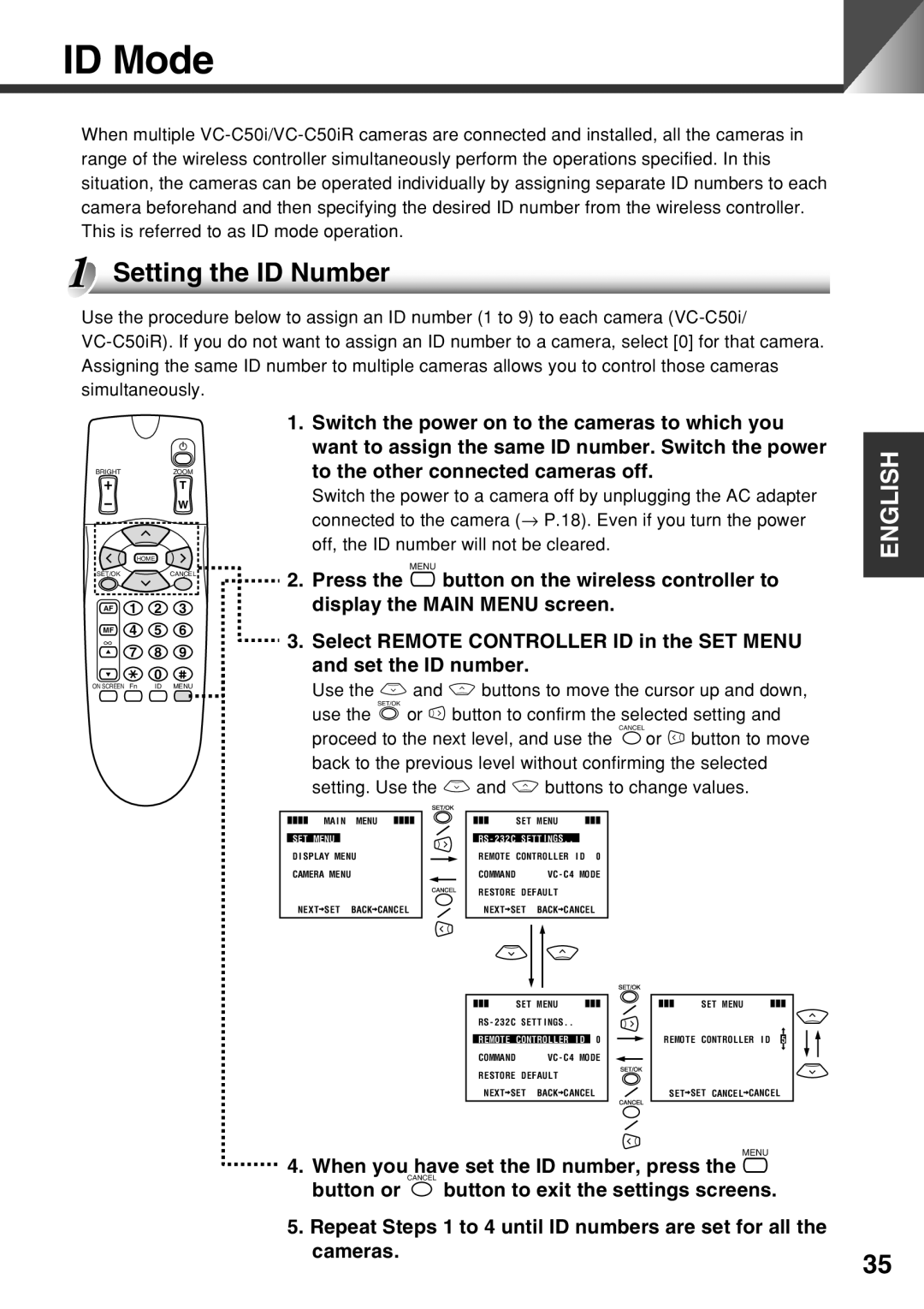 Canon VC-C50i instruction manual ID Mode, Setting the ID Number 