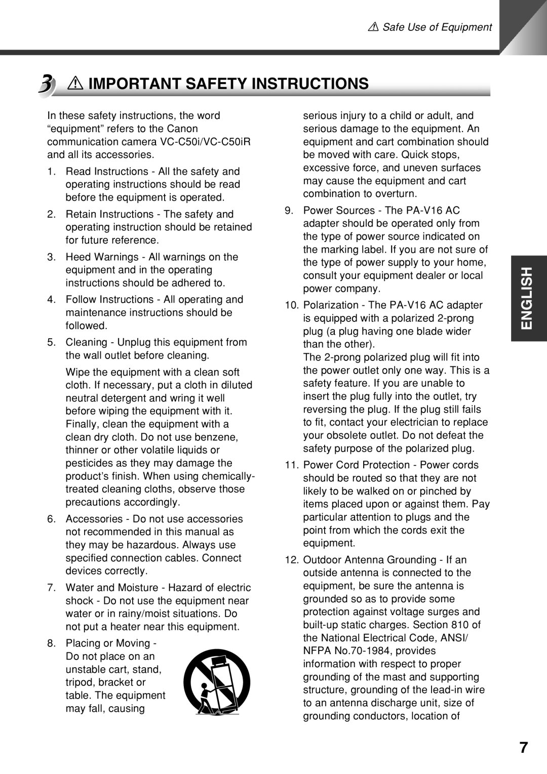 Canon VC-C50i instruction manual Important Safety Instructions 