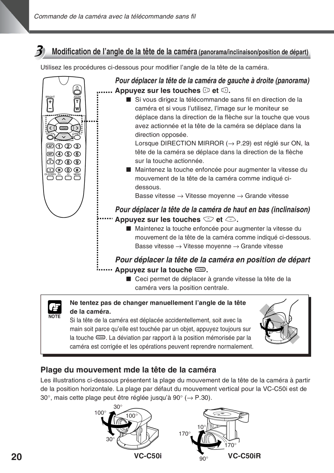 Canon VC-C50IR Pour déplacer la tête de la caméra en position de départ, Plage du mouvement mde la tête de la caméra 