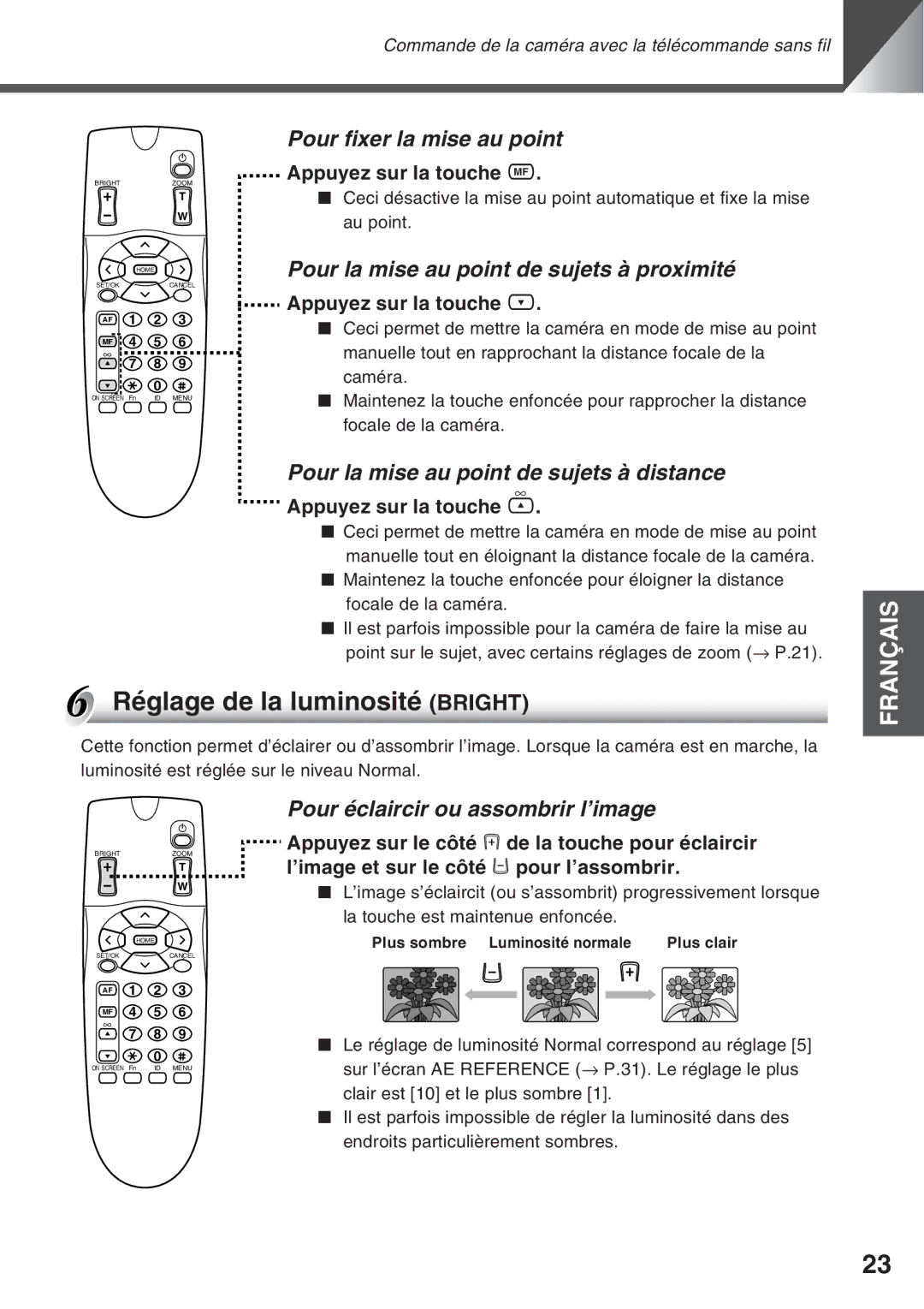 Canon VC-C50i Réglage de la luminosité Bright, Pour fixer la mise au point, Pour la mise au point de sujets à proximité 