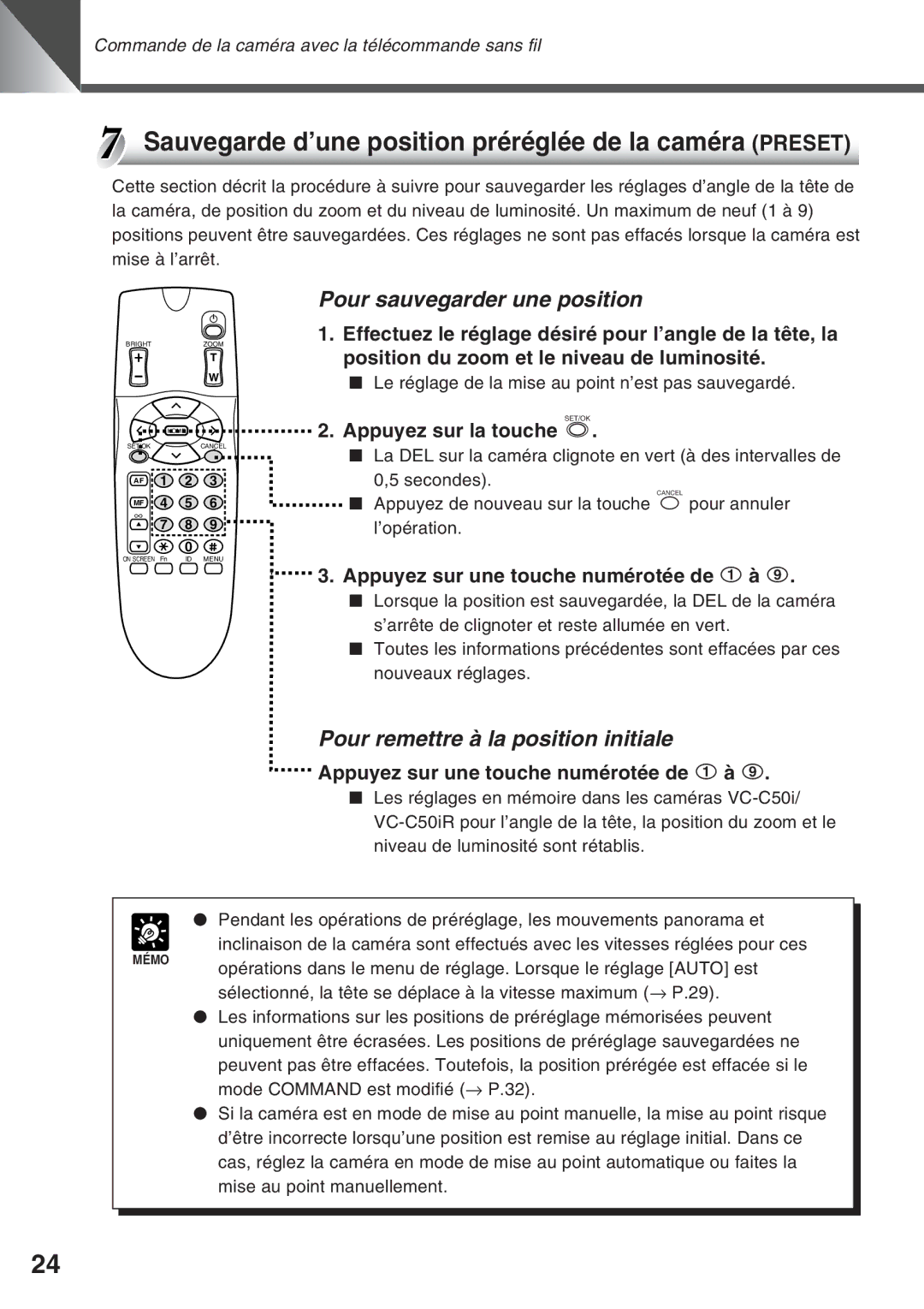 Canon VC-C50IR, VC-C50i Sauvegarde d’une position préréglée de la caméra Preset, Pour sauvegarder une position 