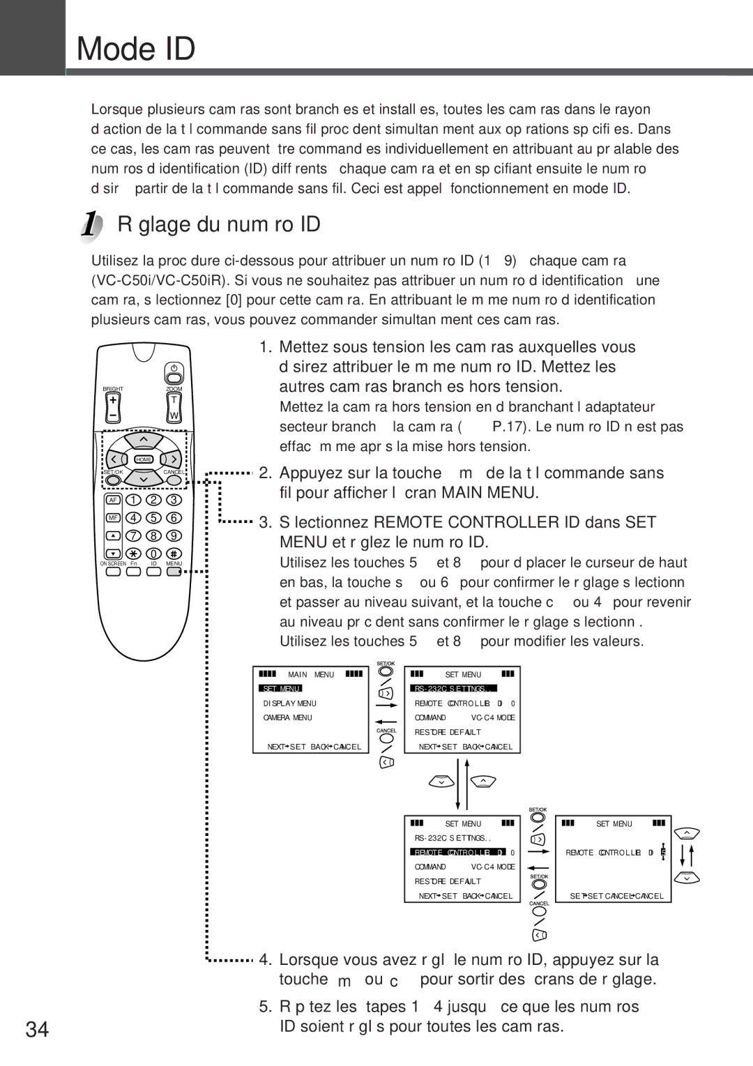 Canon VC-C50IR, VC-C50i instruction manual Mode ID, Réglage du numéro ID 