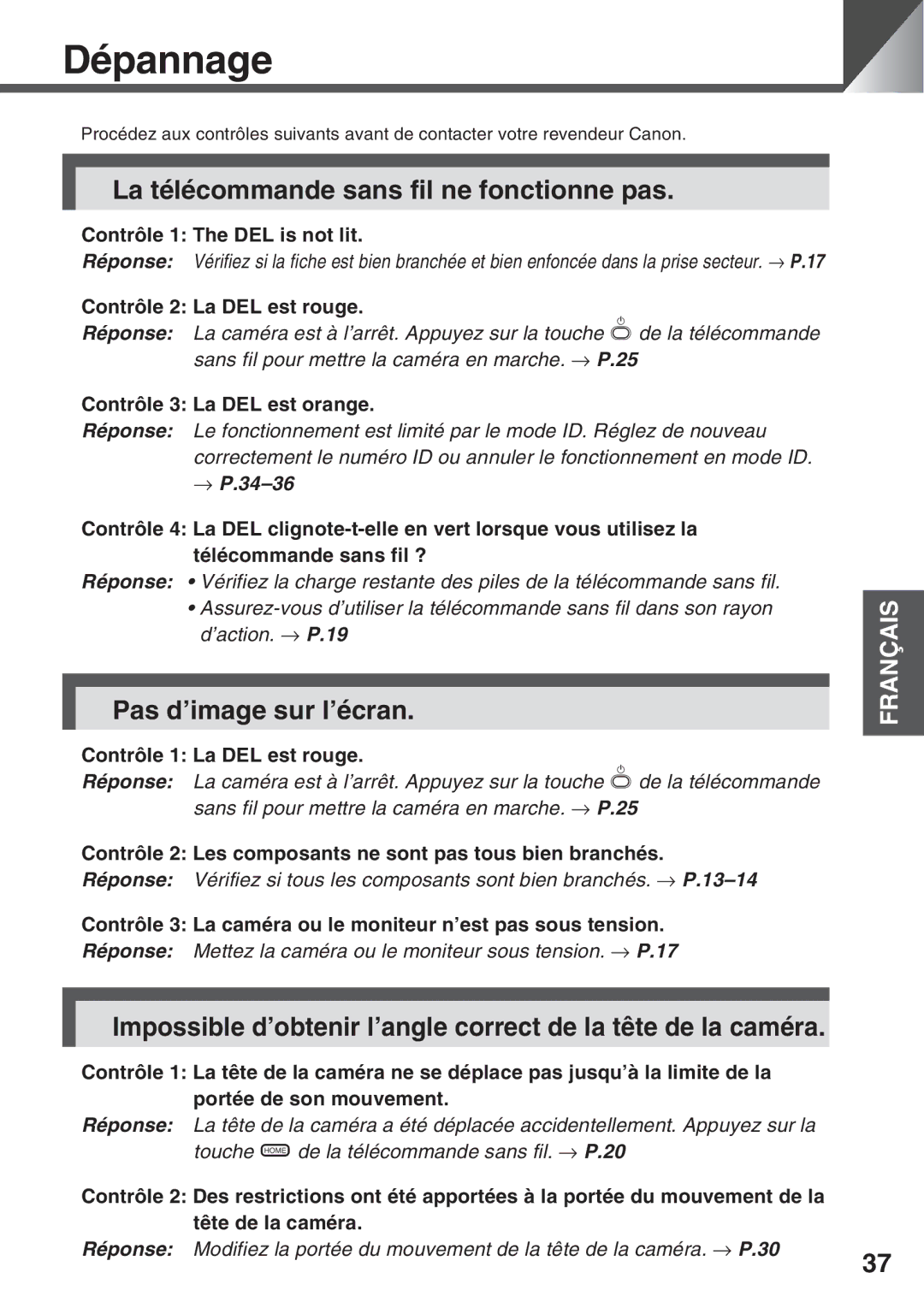 Canon VC-C50i, VC-C50IR instruction manual Dépannage, La télécommande sans fil ne fonctionne pas, Pas d’image sur l’écran 