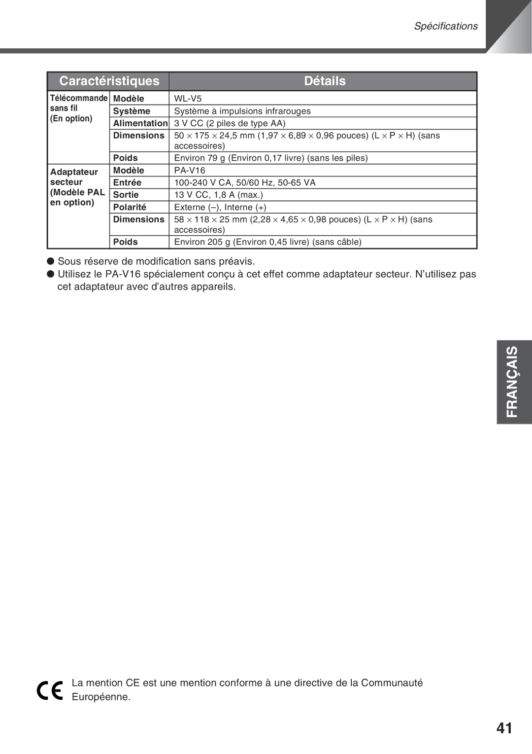 Canon VC-C50i, VC-C50IR instruction manual Spécifications 