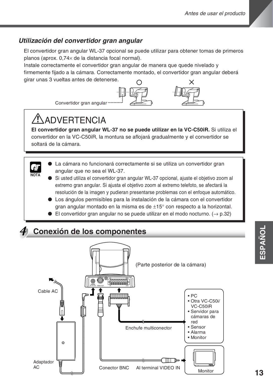 Canon VC-C50IR Conexión de los componentes, Utilización del convertidor gran angular, Parte posterior de la cámara 