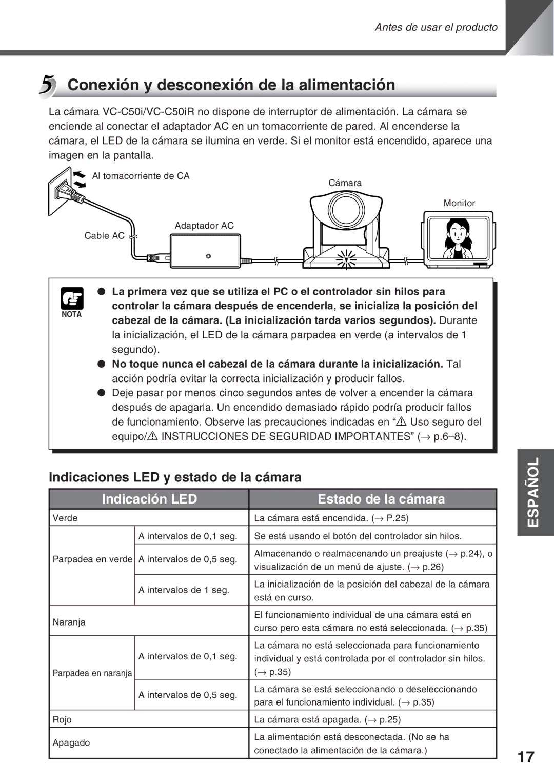 Canon VC-C50IR, VC-C50i instruction manual Conexión y desconexión de la alimentación, Indicaciones LED y estado de la cámara 