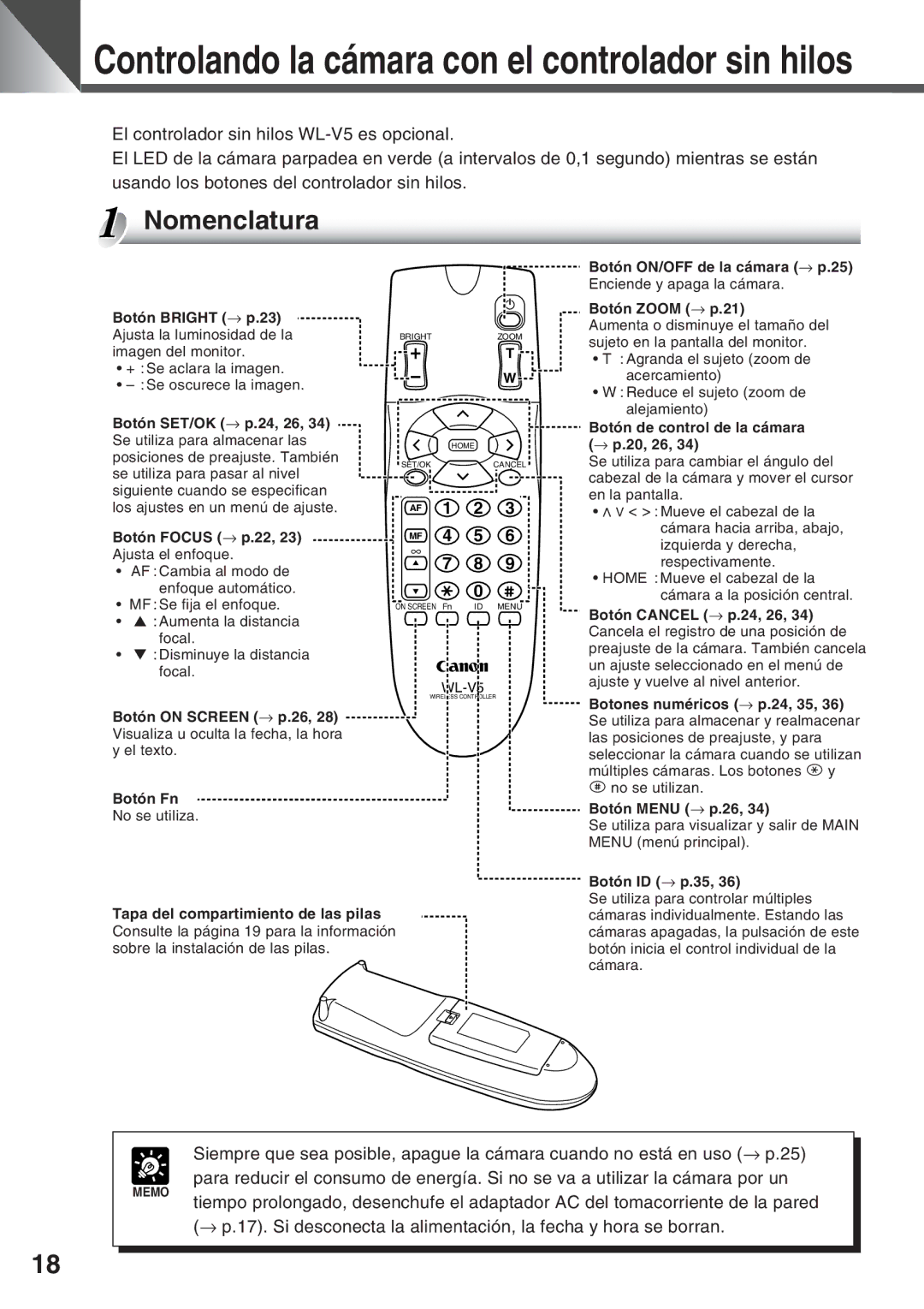 Canon VC-C50i, VC-C50IR instruction manual Controlando la cámara con el controlador sin hilos 