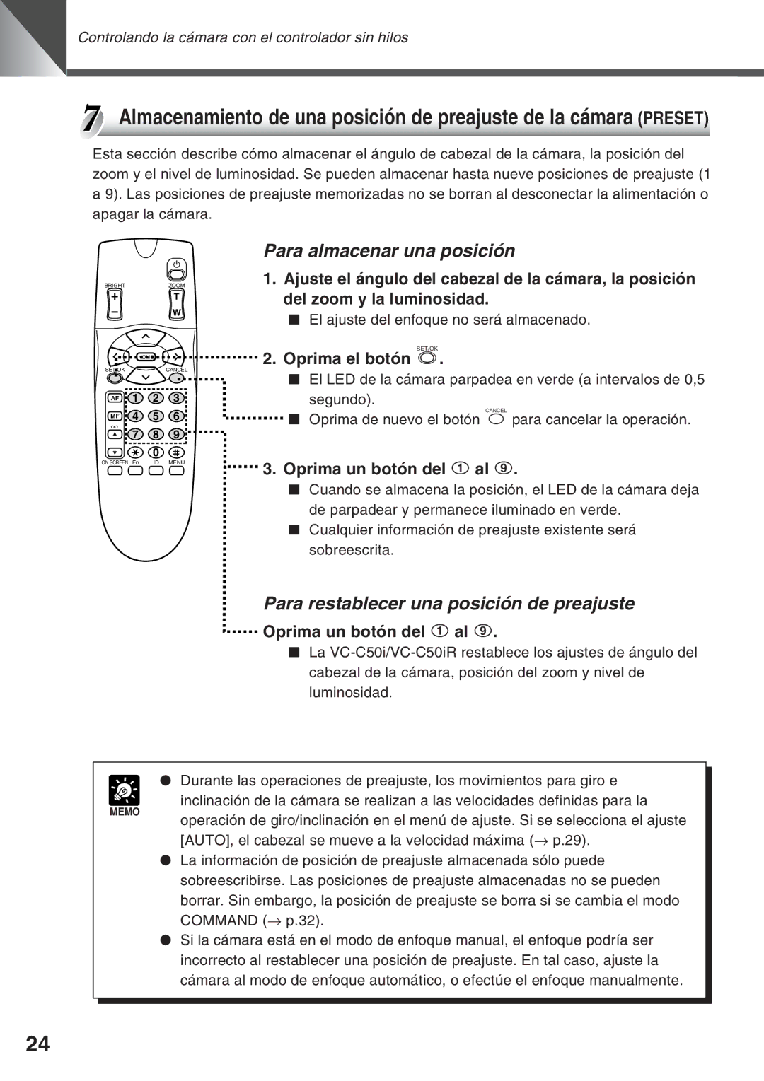 Canon VC-C50i, VC-C50IR Para almacenar una posición, Para restablecer una posición de preajuste, Oprima el botón s 