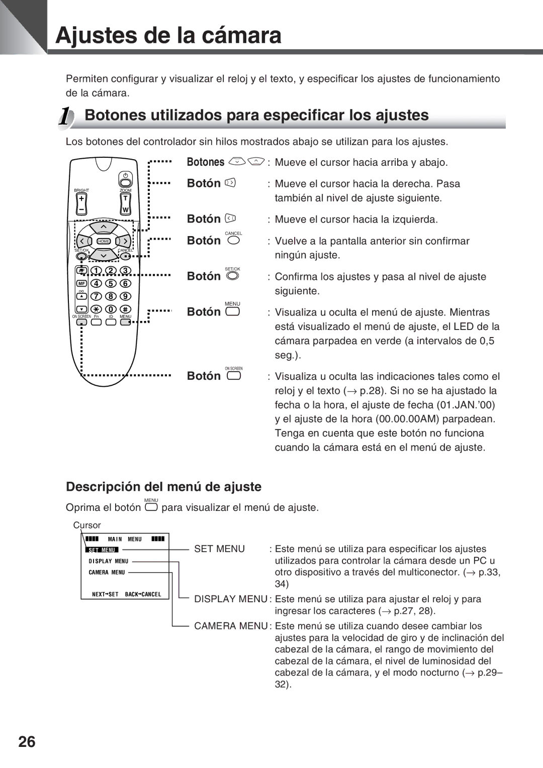 Canon VC-C50i Ajustes de la cámara, Botones utilizados para especificar los ajustes, Descripción del menú de ajuste 