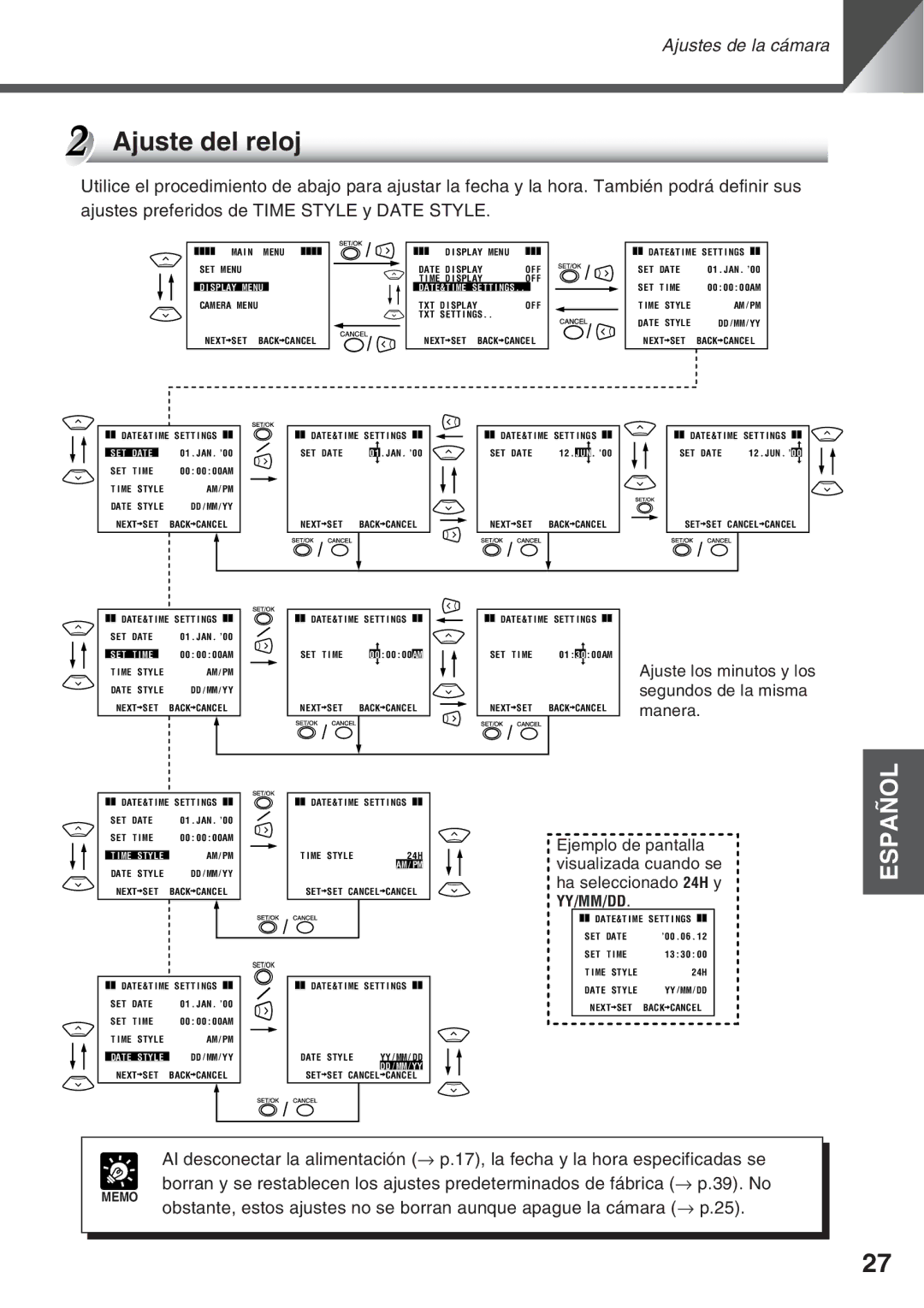 Canon VC-C50IR, VC-C50i instruction manual Ajuste del reloj, Ajuste los minutos y los segundos de la misma manera 