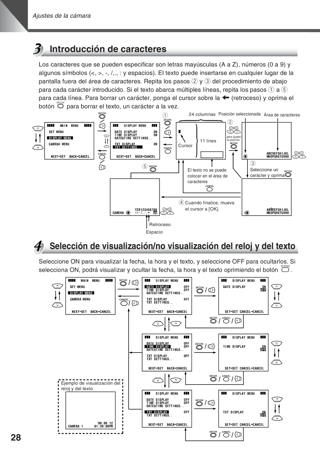 Canon VC-C50i, VC-C50IR instruction manual Introducción de caracteres, Ejemplo de visualización del reloj y del texto 