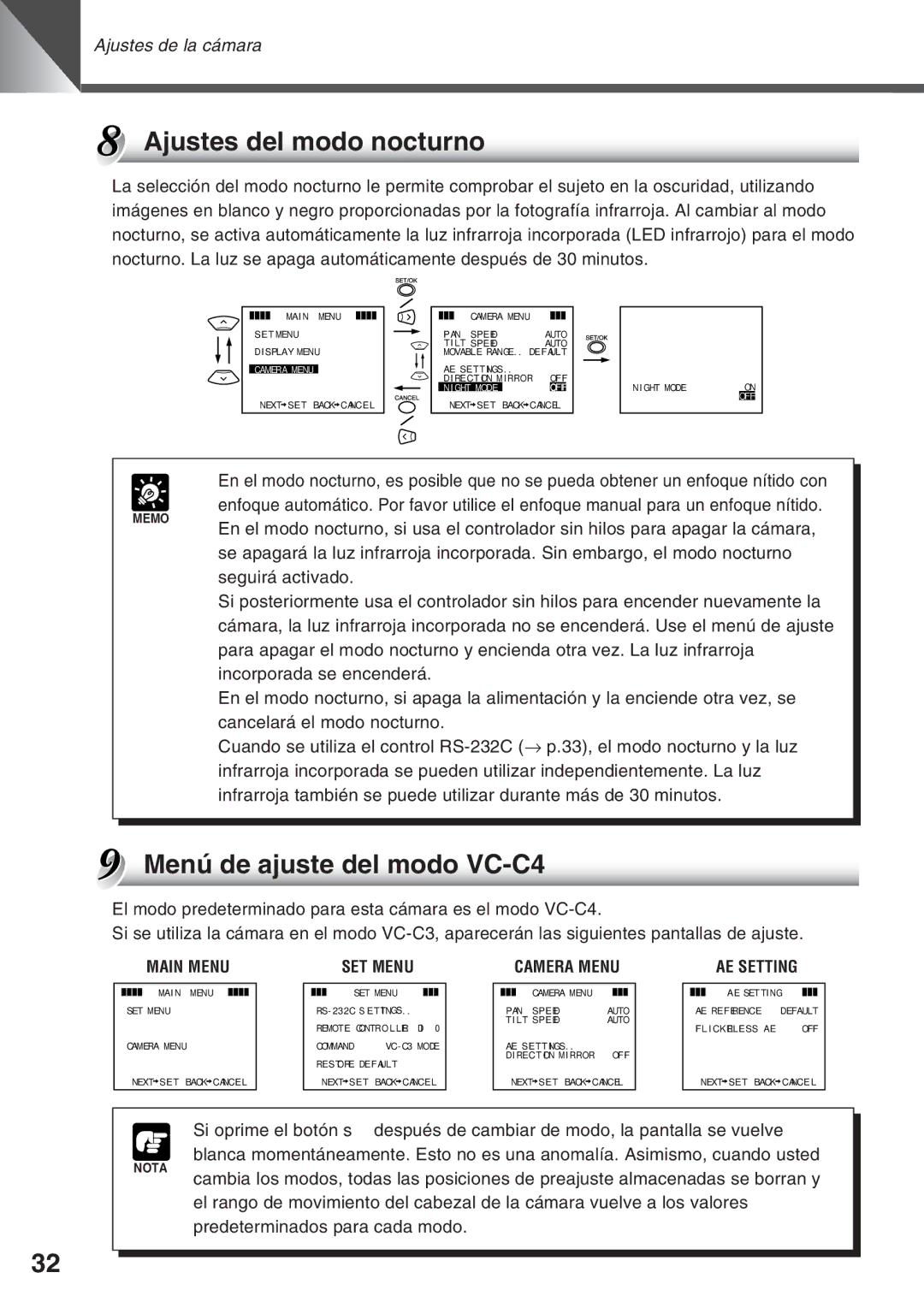 Canon VC-C50i, VC-C50IR instruction manual Ajustes del modo nocturno, Menú de ajuste del modo VC-C4 