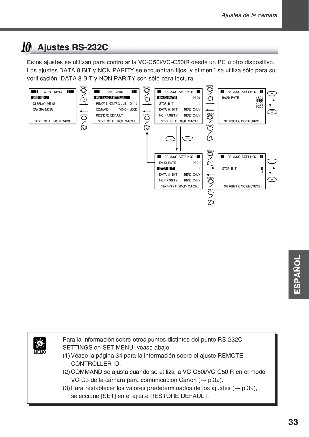 Canon VC-C50IR, VC-C50i instruction manual Ajustes RS-232C 