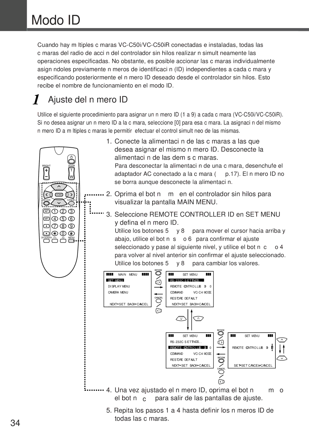 Canon VC-C50i, VC-C50IR instruction manual Modo ID, Ajuste del número ID 