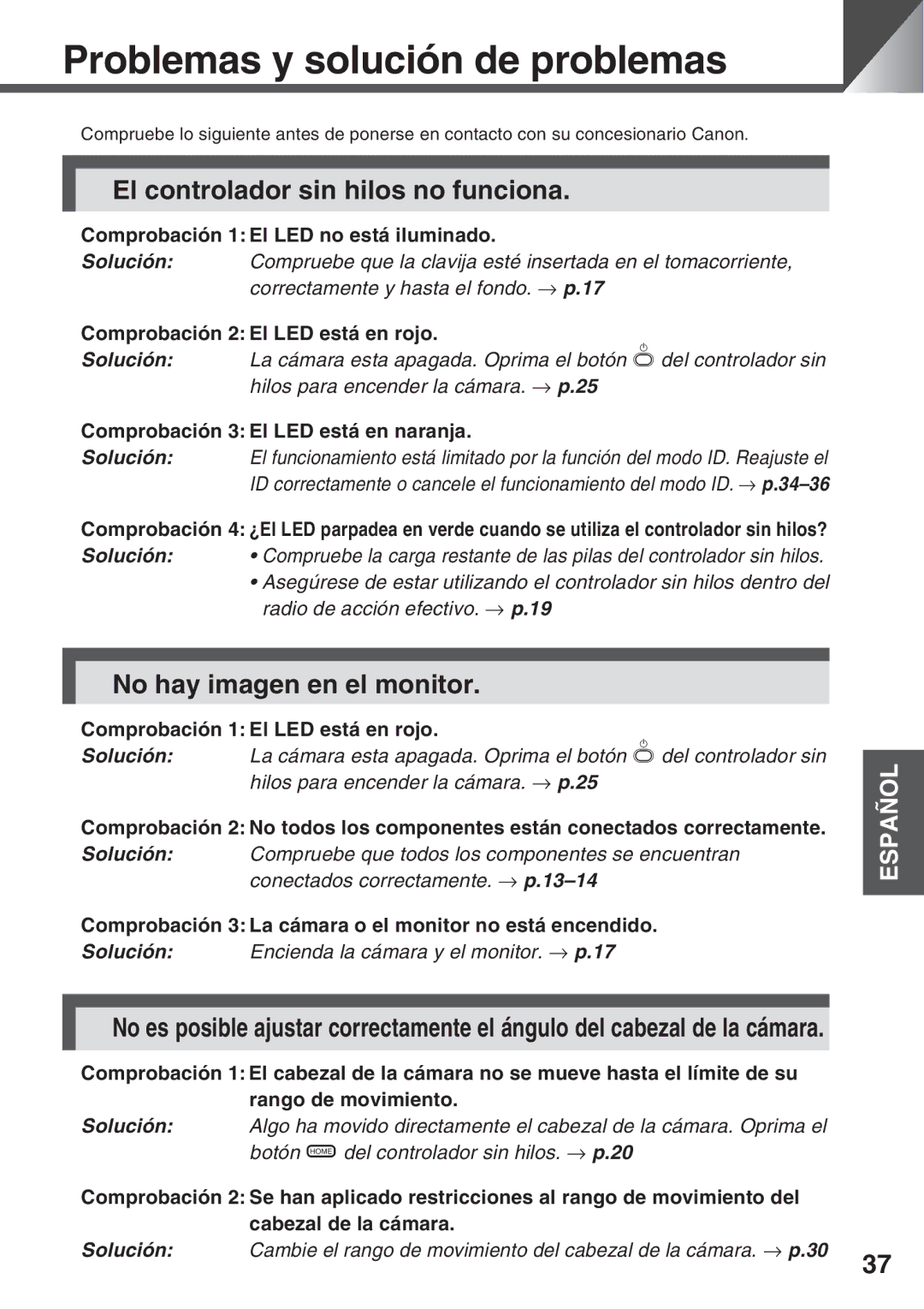 Canon VC-C50IR Problemas y solución de problemas, El controlador sin hilos no funciona, No hay imagen en el monitor 