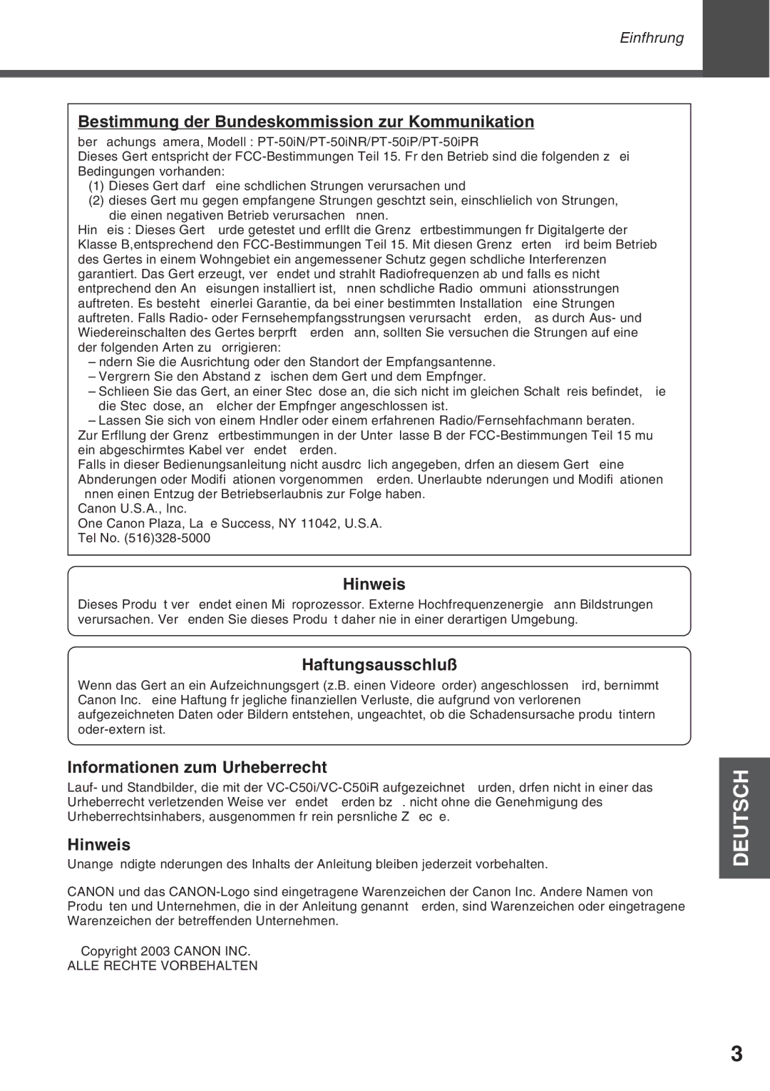 Canon VC-C50i, VC-C50IR instruction manual Bestimmung der Bundeskommission zur Kommunikation, Hinweis, Haftungsausschlu§ 