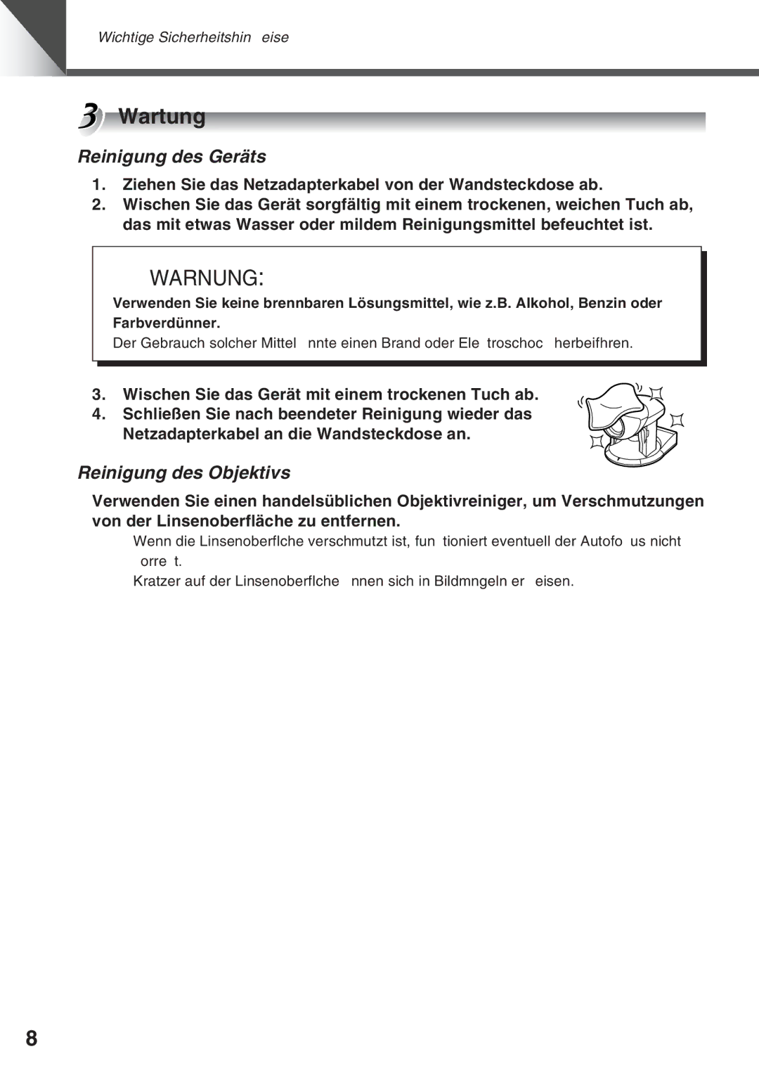 Canon VC-C50IR, VC-C50i instruction manual Wartung, Reinigung des GerŠts, Reinigung des Objektivs 