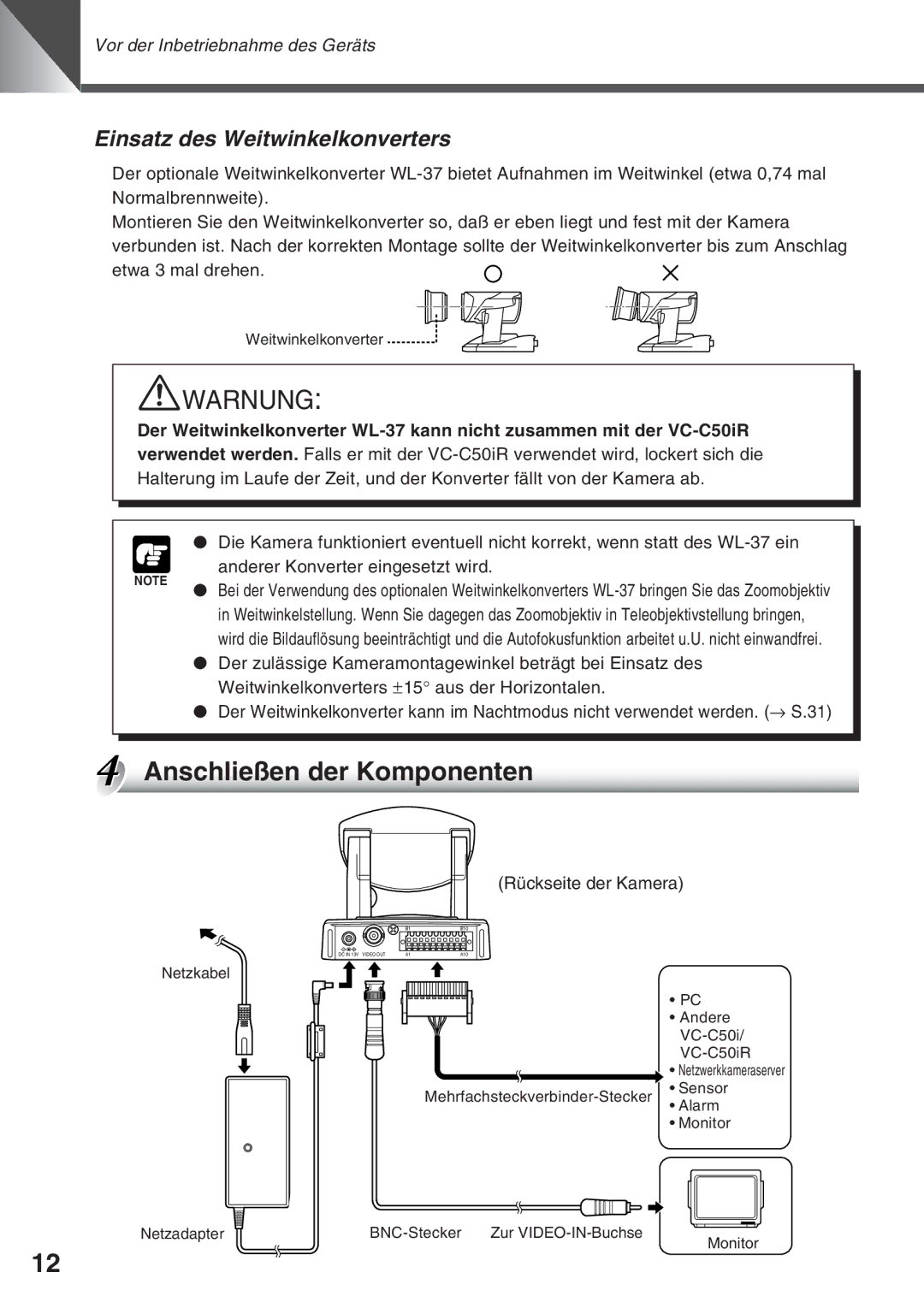 Canon VC-C50IR, VC-C50i Anschlie§en der Komponenten, Einsatz des Weitwinkelkonverters, Rückseite der Kamera 