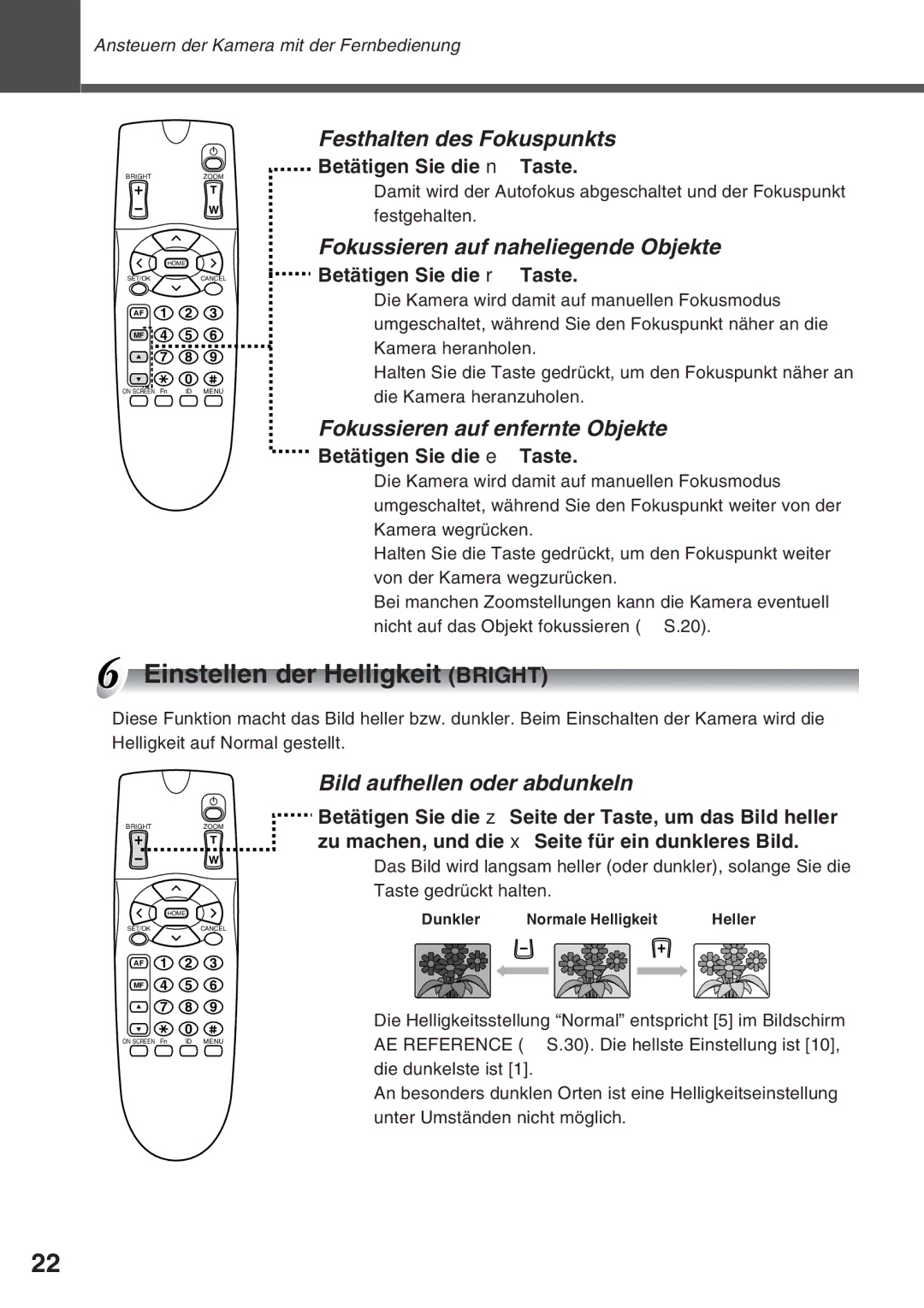 Canon VC-C50IR, VC-C50i Einstellen der Helligkeit Bright, Festhalten des Fokuspunkts, Fokussieren auf naheliegende Objekte 