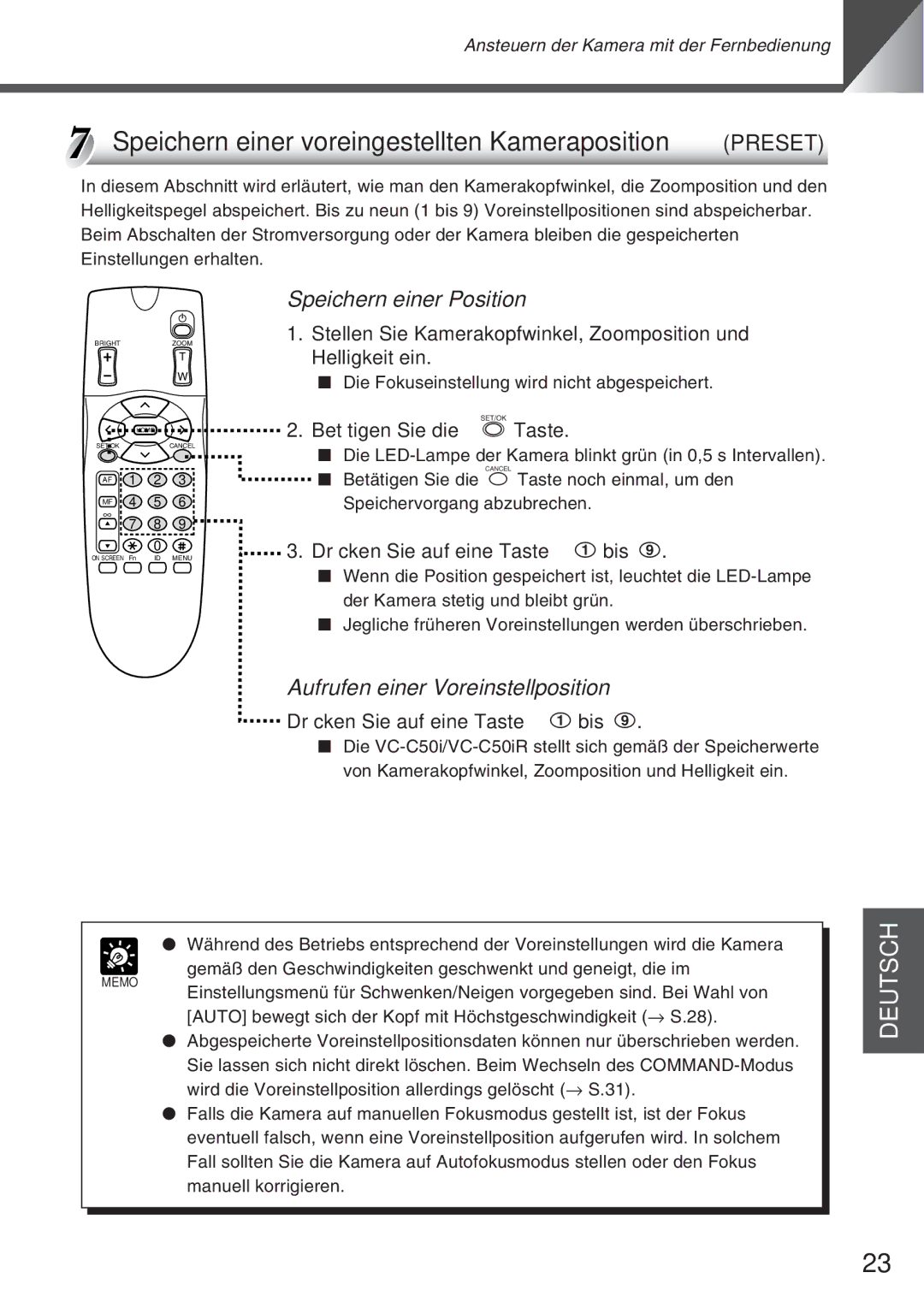 Canon VC-C50i Speichern einer voreingestellten Kameraposition Preset, Speichern einer Position, Betätigen Sie die s Taste 