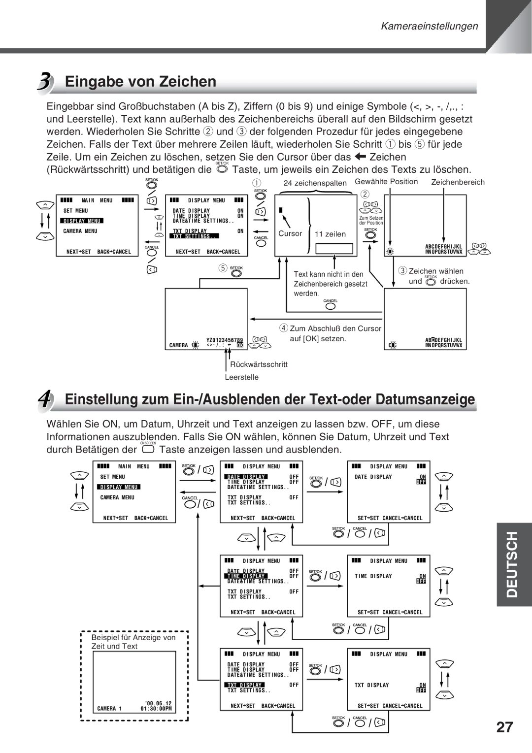 Canon VC-C50i, VC-C50IR instruction manual Eingabe von Zeichen, Einstellung zum Ein-/Ausblenden der Text-oder Datumsanzeige 